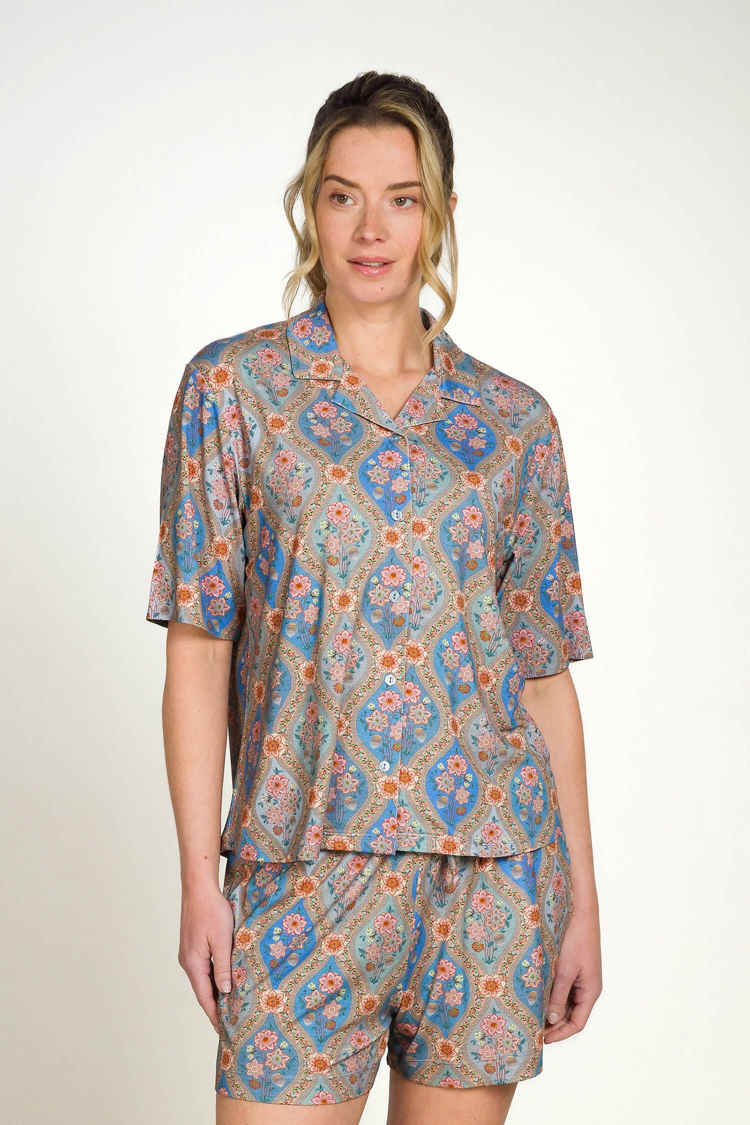Flora Top Korte Mouw Ornamento Blauw