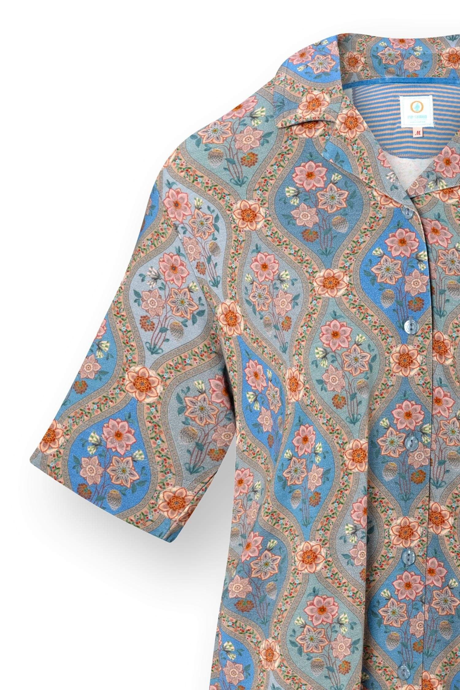 Flora Top Korte Mouw Ornamento Blauw