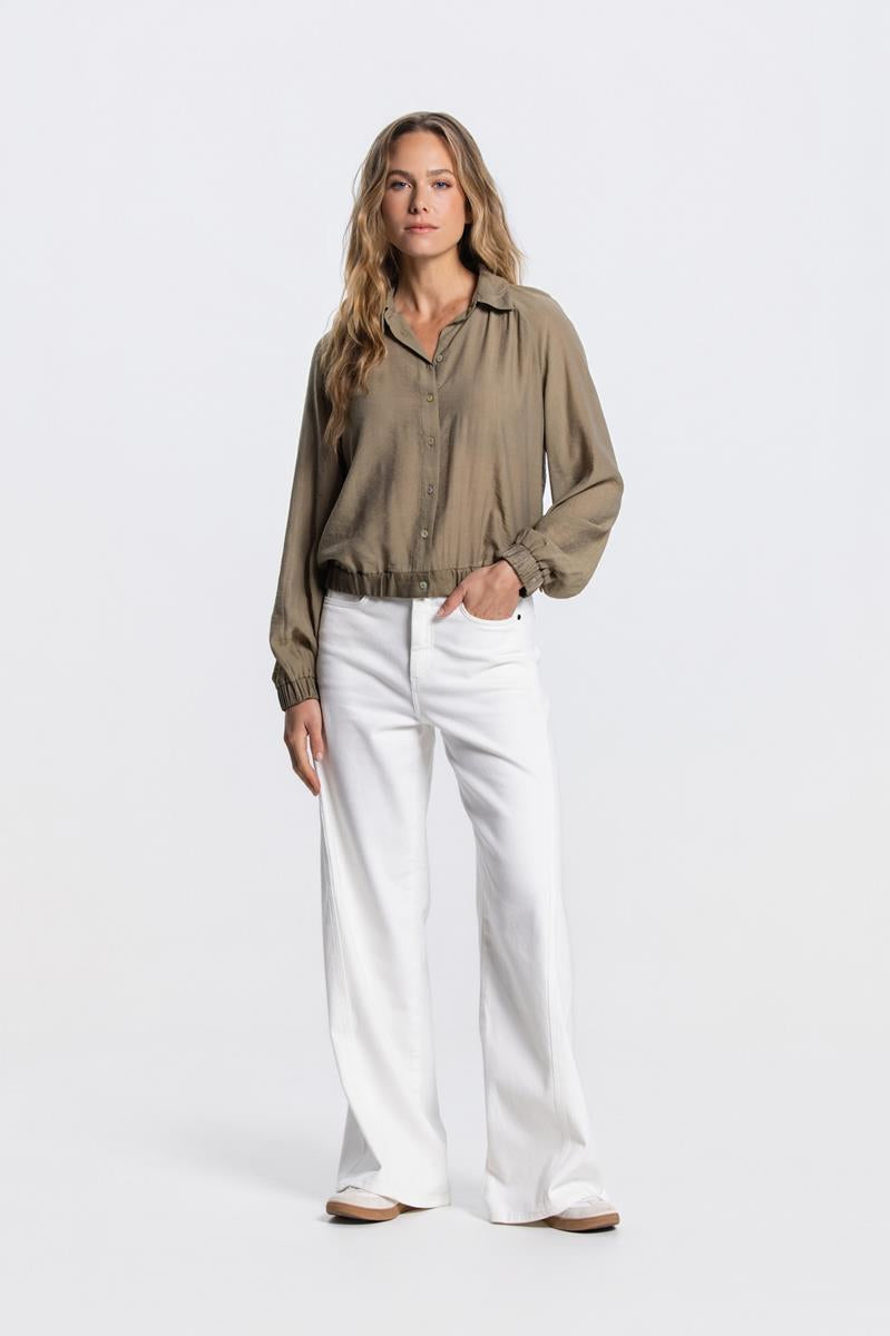 OLLIE BLOUSE MET ELASTISCHE BOORDEN IN LEGERGROEN