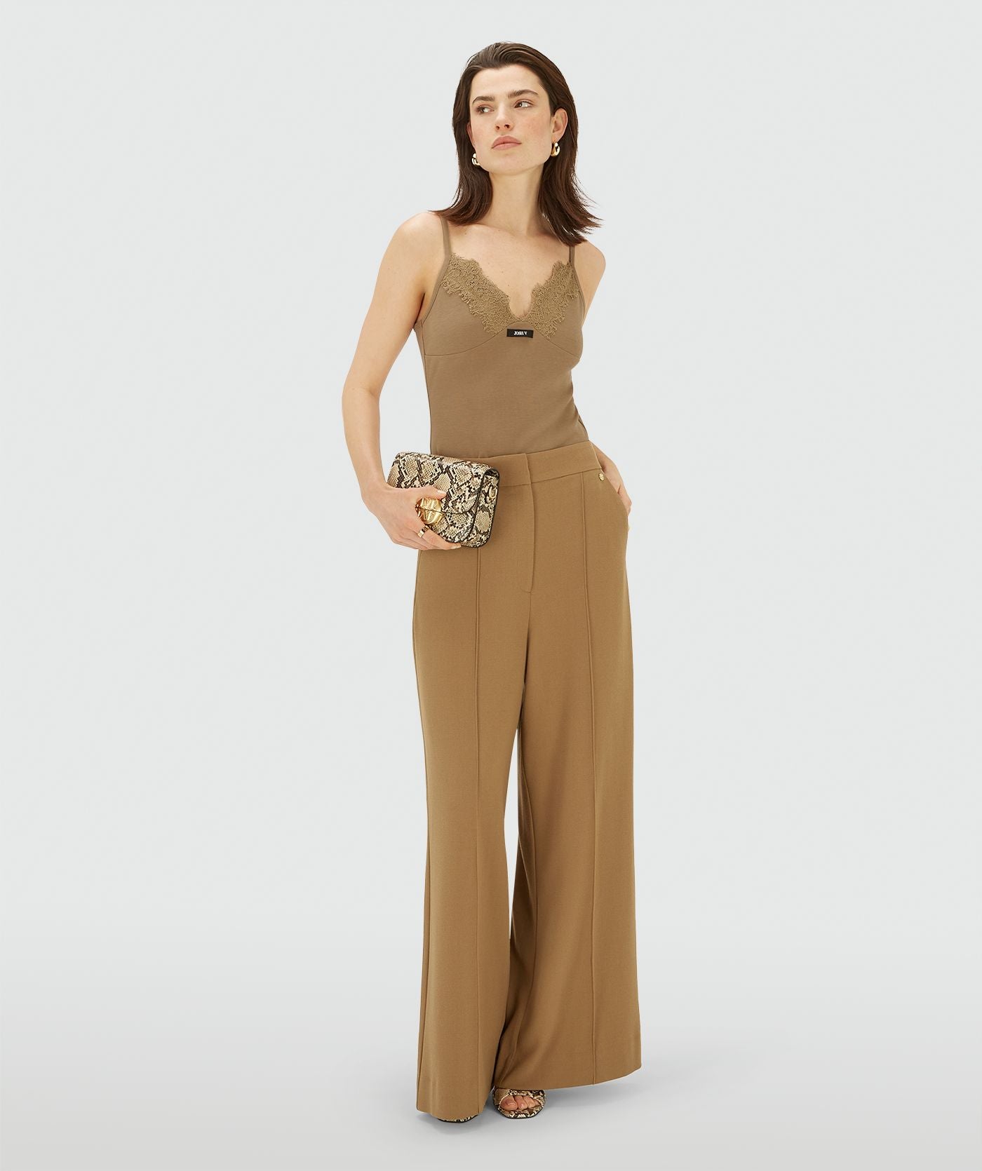 RIVER slim fit top met kant - light khaki