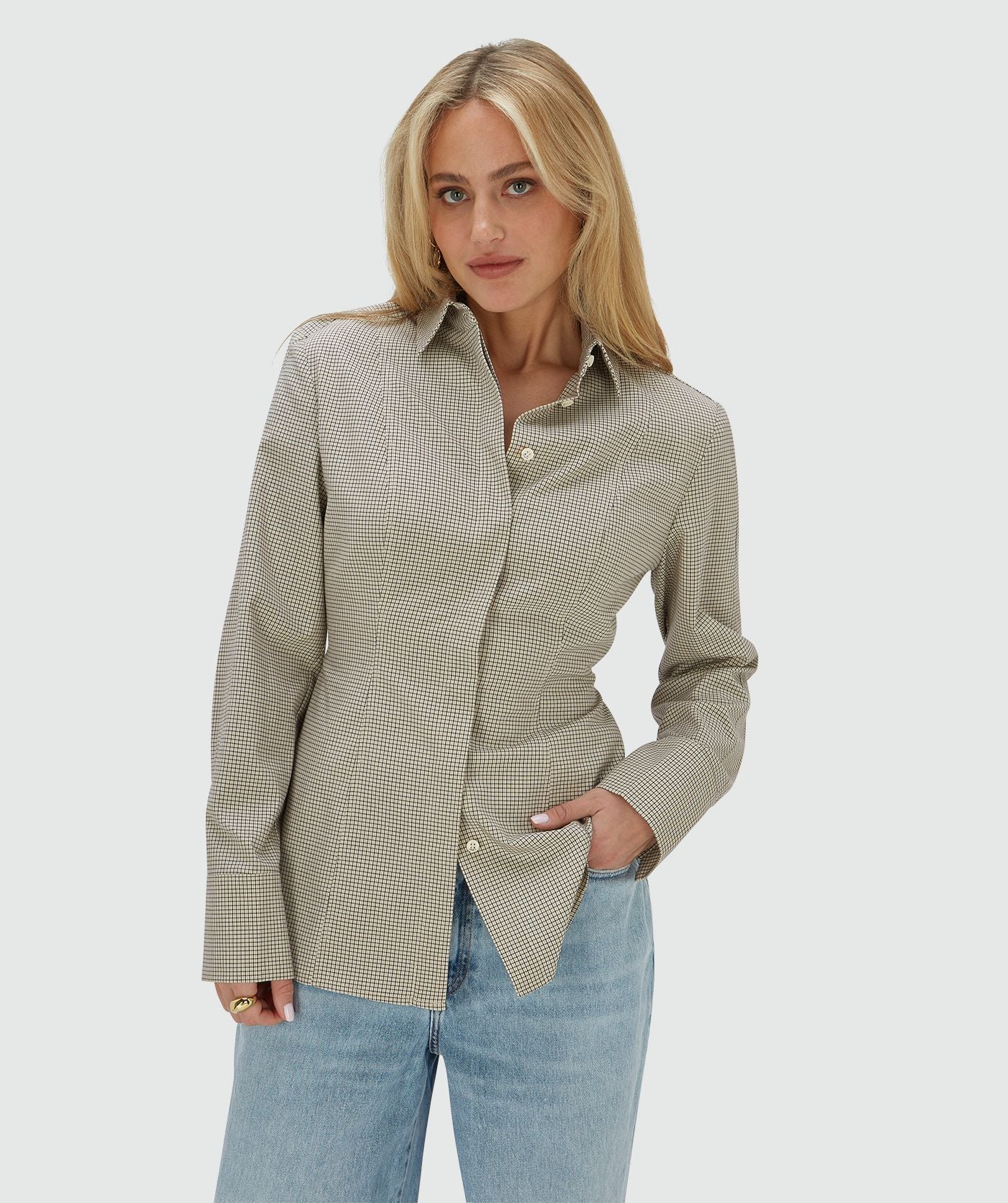 ARABELLA fitted blouse met schoudervullingen - stone check