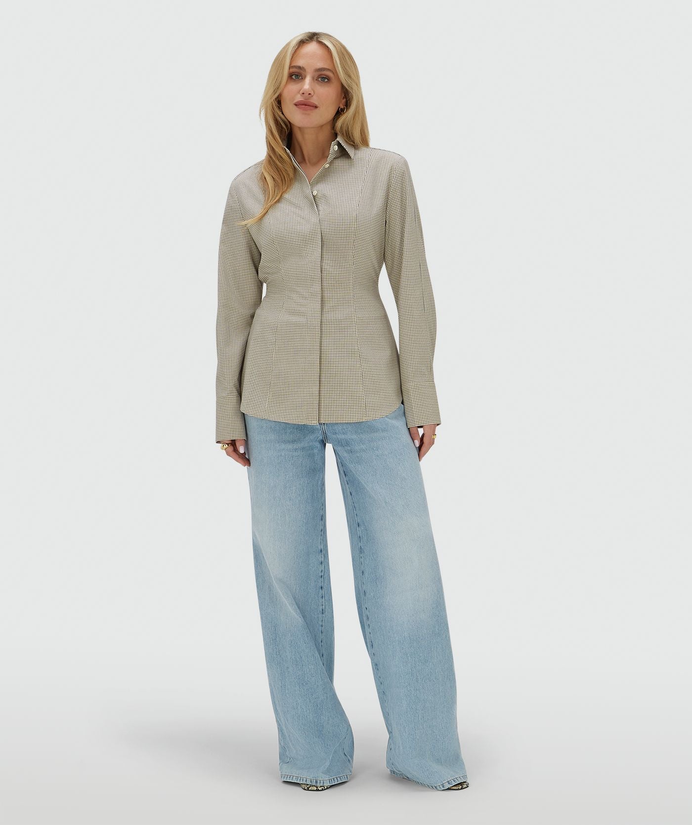 ARABELLA fitted blouse met schoudervullingen - stone check
