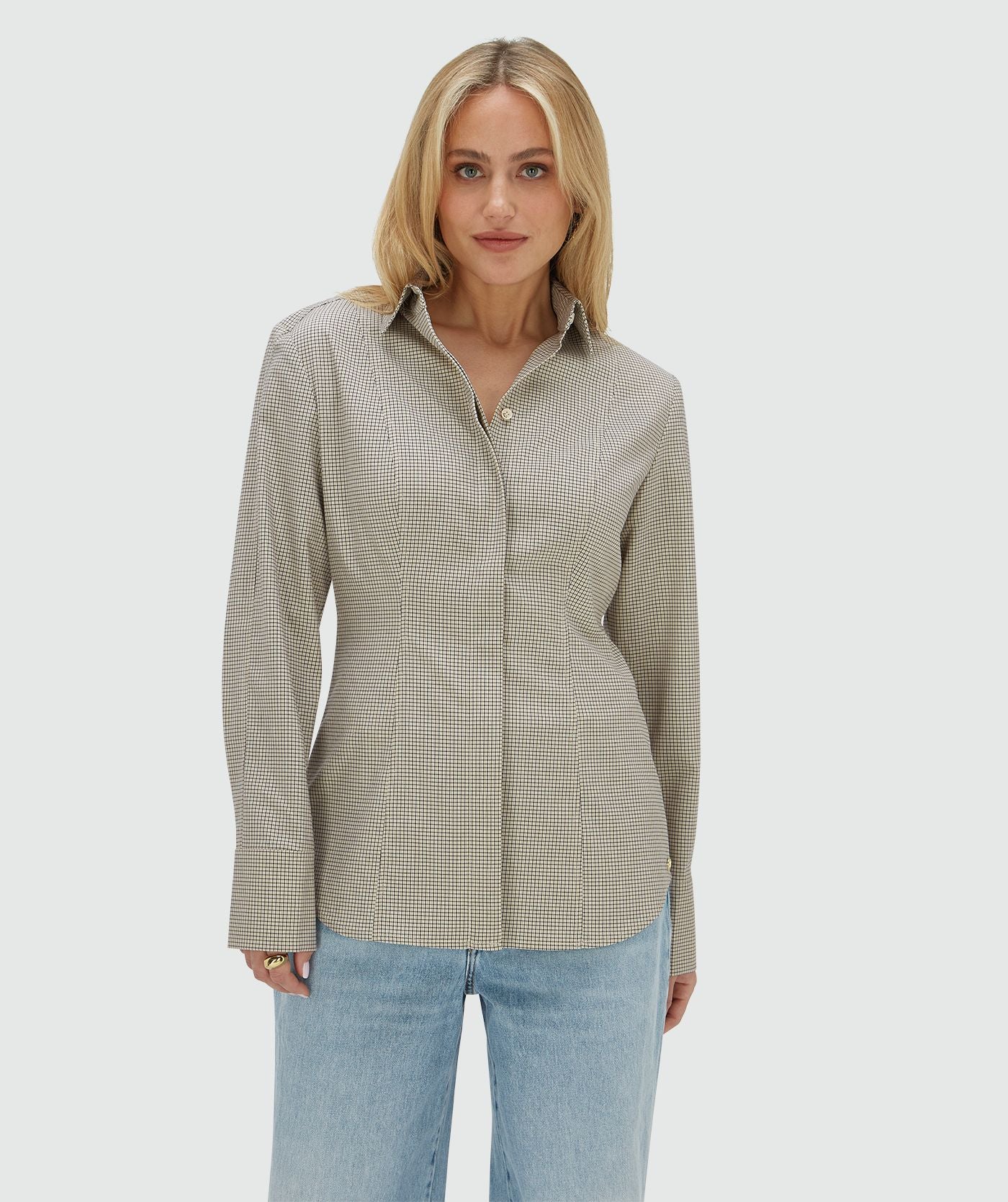 ARABELLA fitted blouse met schoudervullingen - stone check