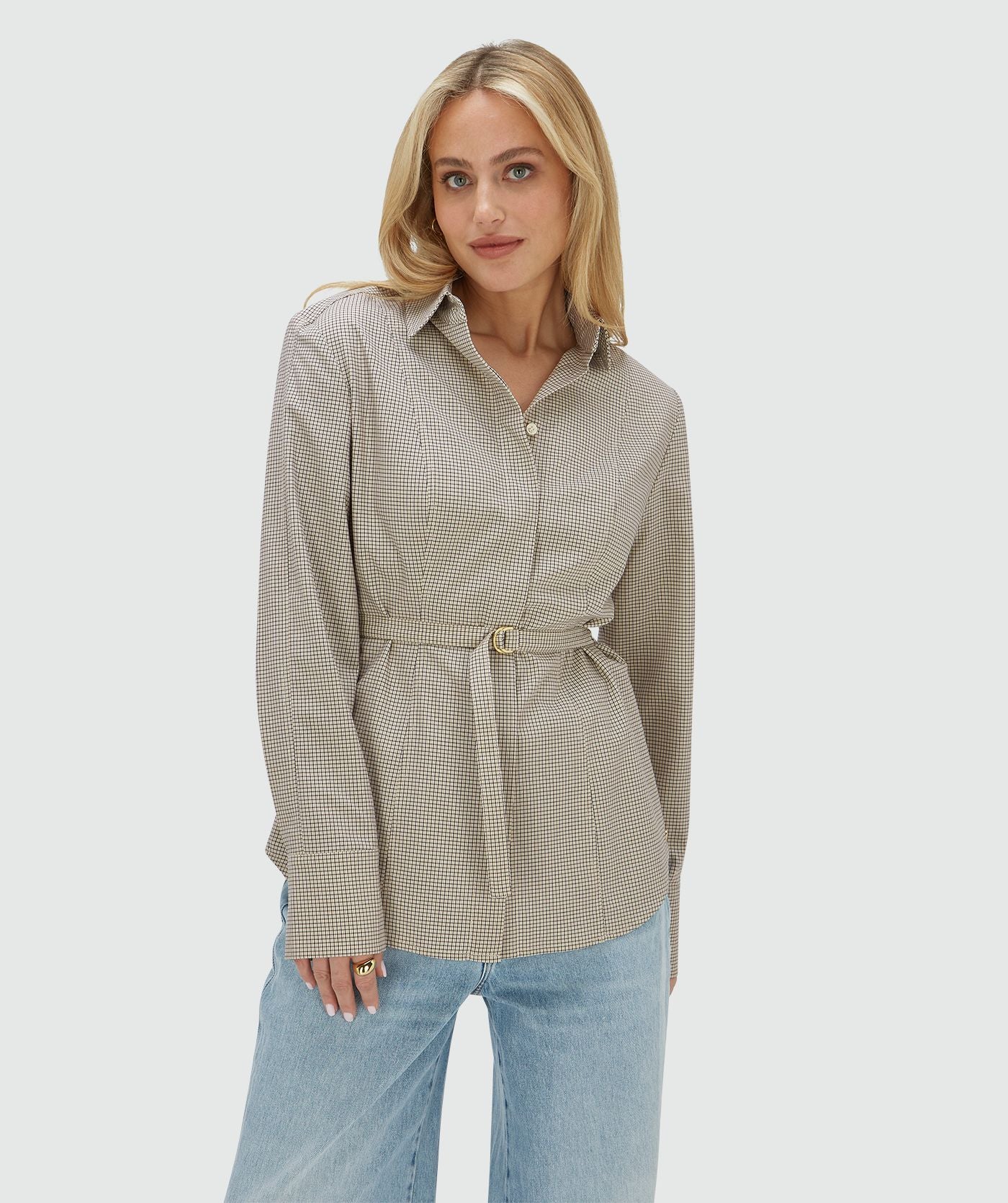 ARABELLA fitted blouse met schoudervullingen - stone check