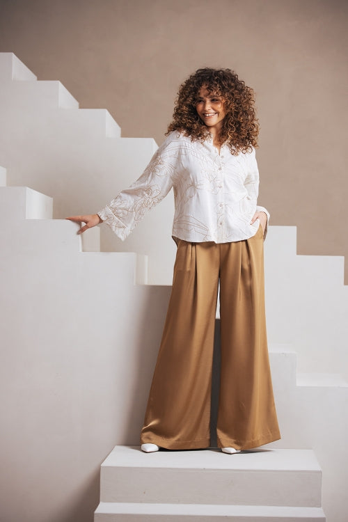 Rumi Satijnen bandplooipantalon