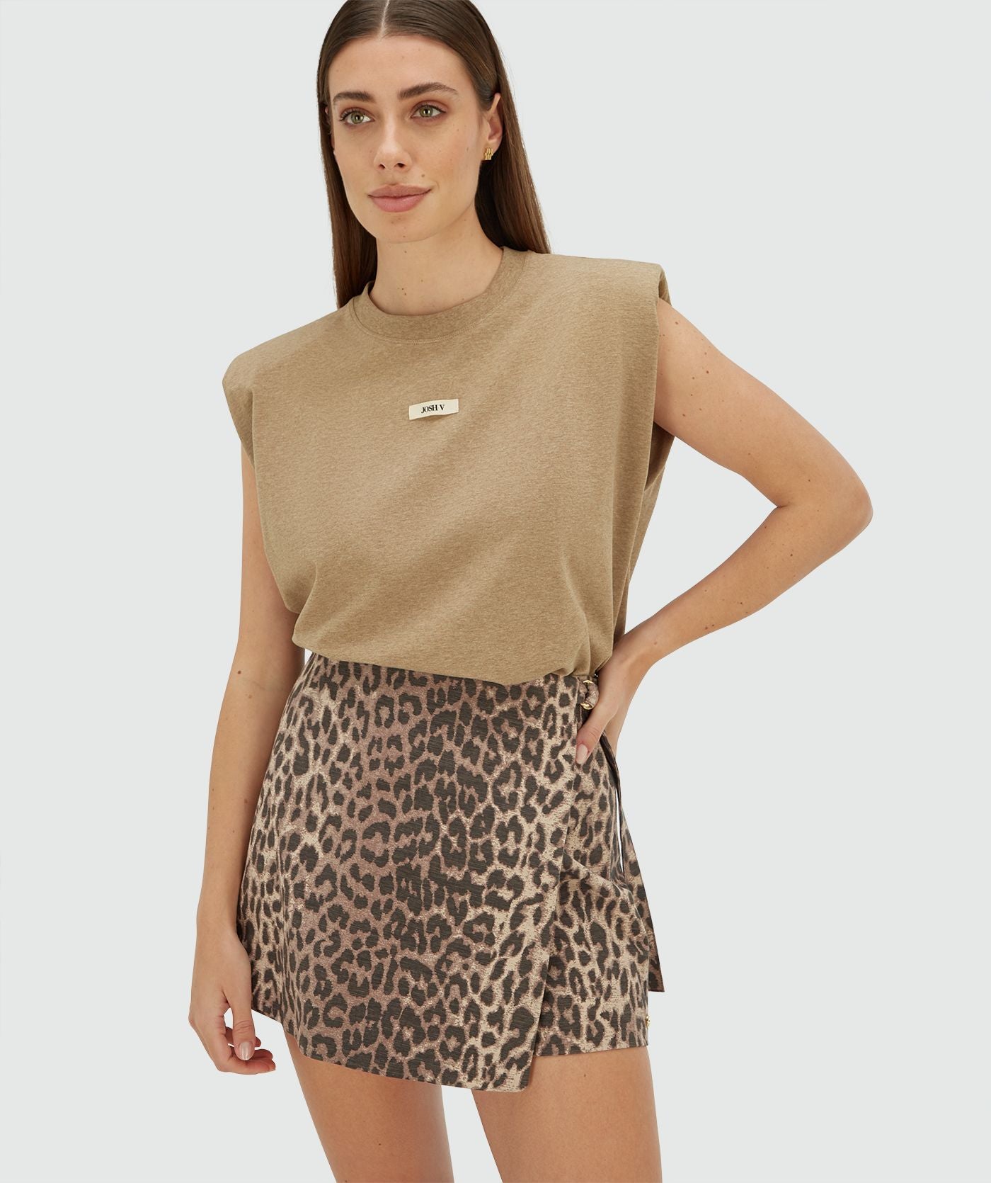 SUE regular fit T-shirt met schoudervulling - light khaki melange