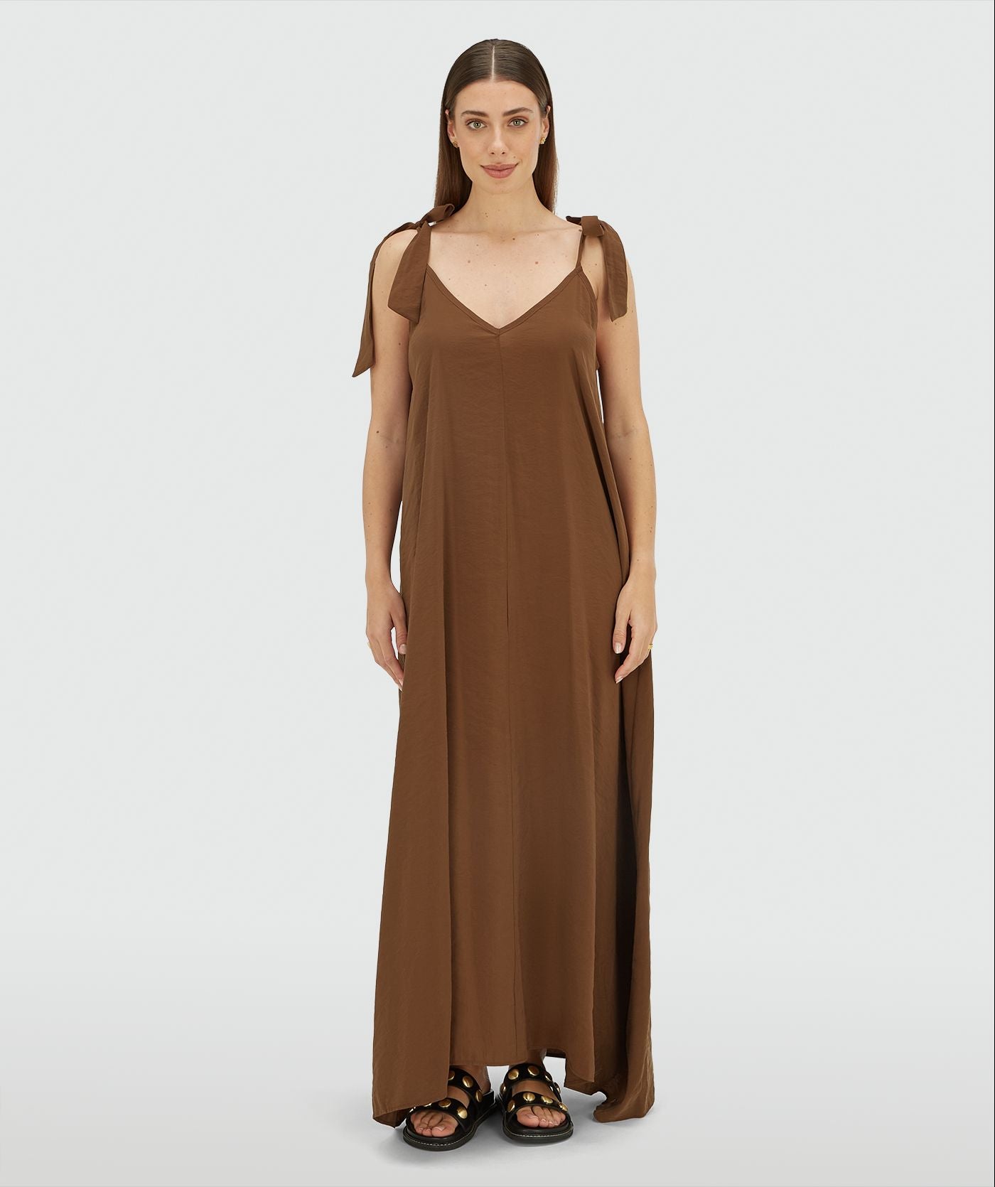 CLARA maxi jurk met striksluiting - brown
