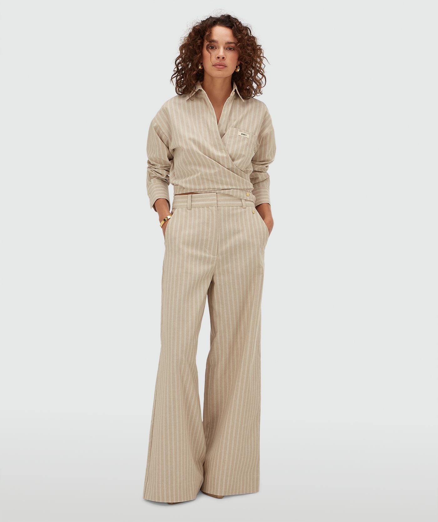 ODESSA mid rise wide leg pantalon met strepen - stone stripe