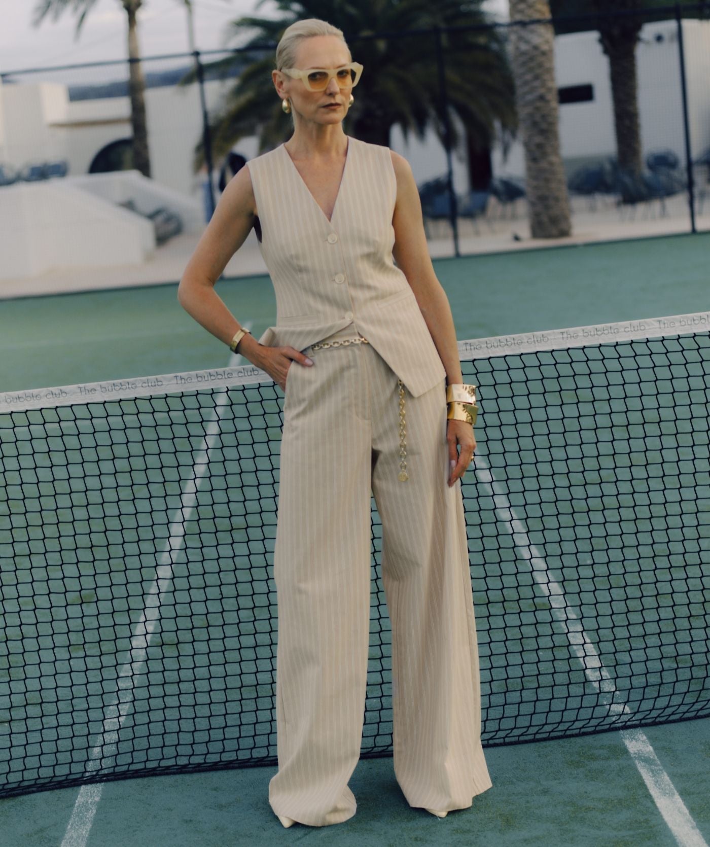 ODESSA mid rise wide leg pantalon met strepen - stone stripe