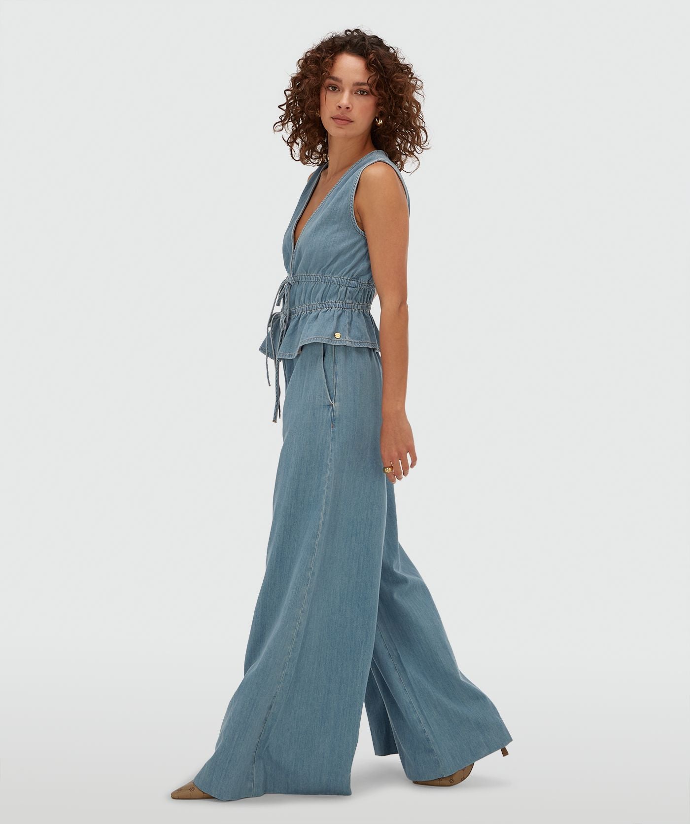 SEA getailleerde top met peplum - mid blue denim