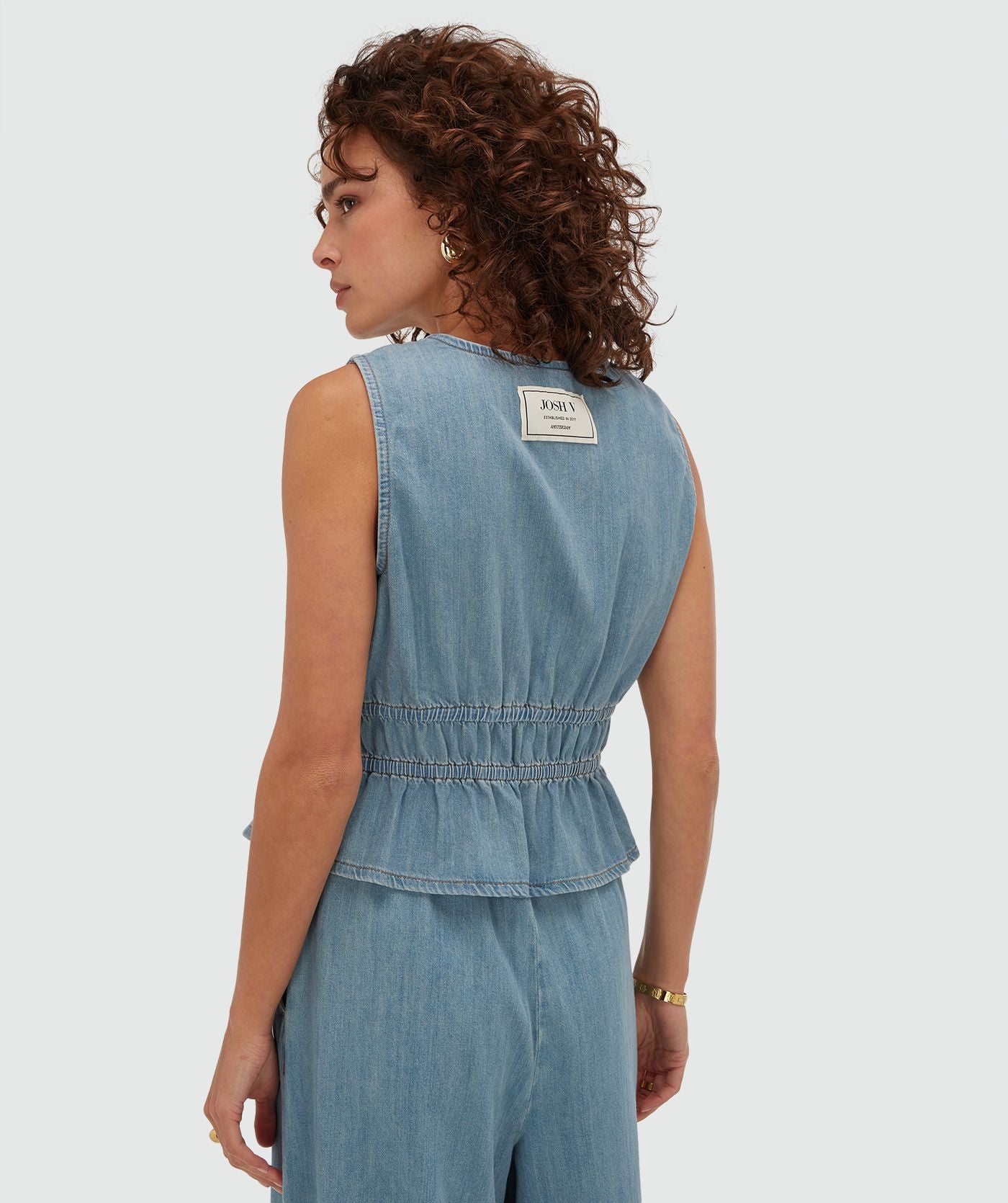 SEA getailleerde top met peplum - mid blue denim