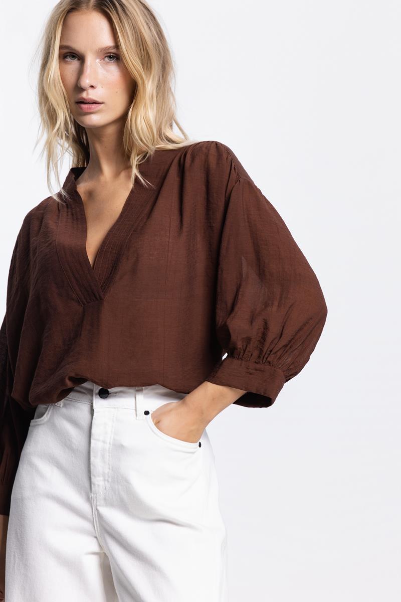 PEM TRANSPARANTE V-HALS BLOUSE IN BRUIN