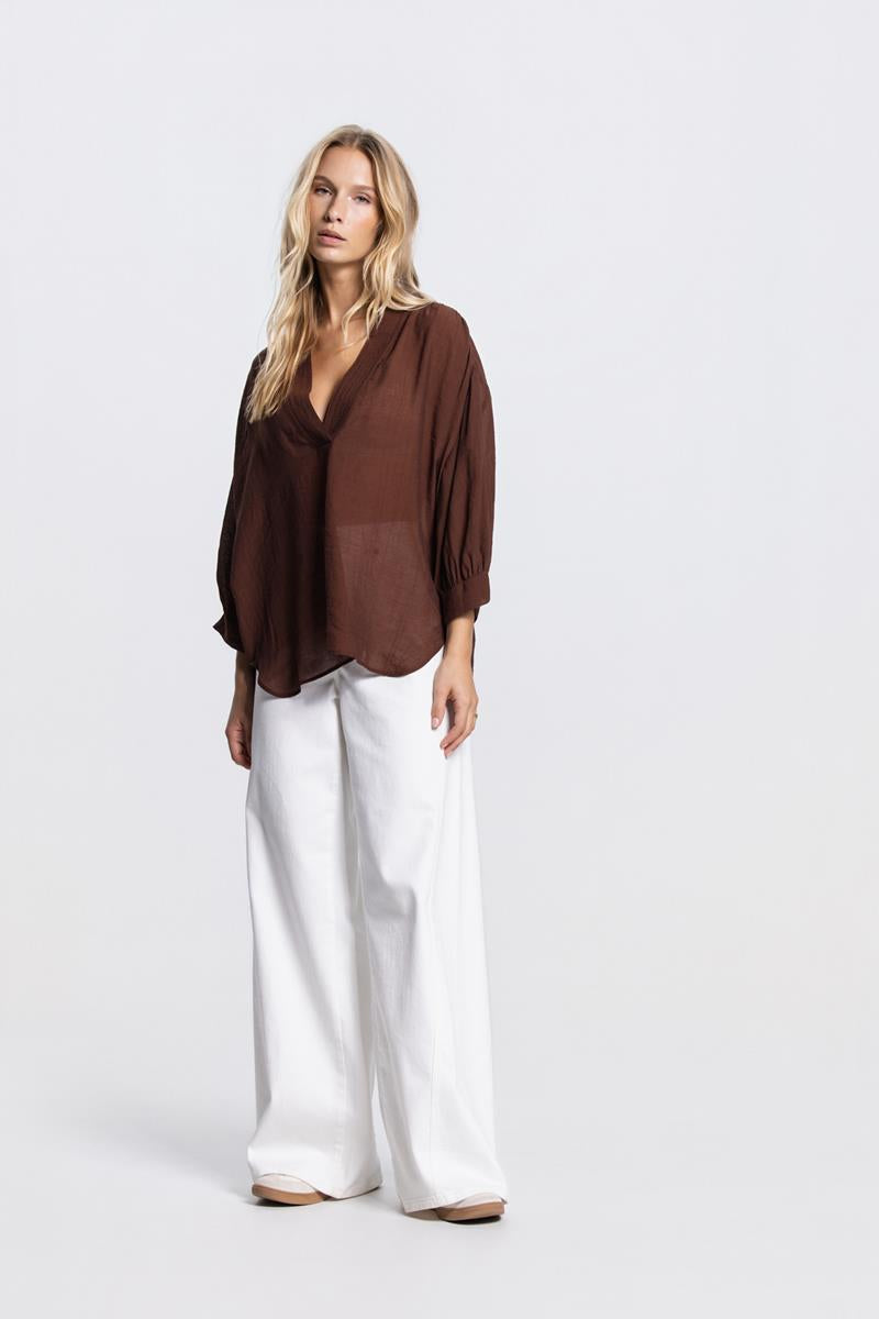 PEM TRANSPARANTE V-HALS BLOUSE IN BRUIN