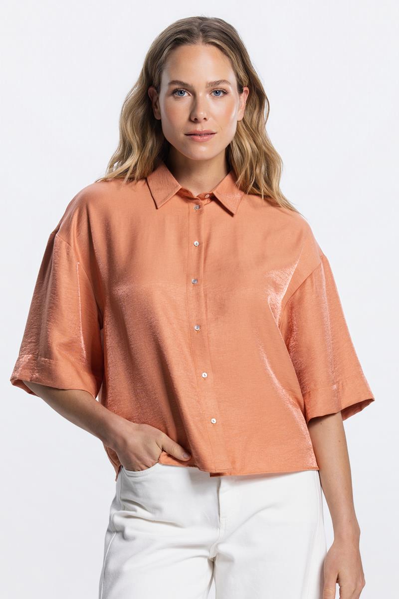 PIA GLANS BLOUSE IN DONKER PERZIK
