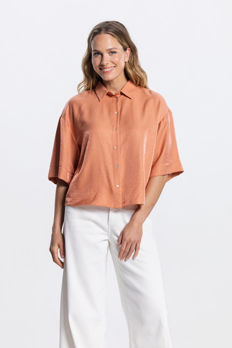 PIA GLANS BLOUSE IN DONKER PERZIK