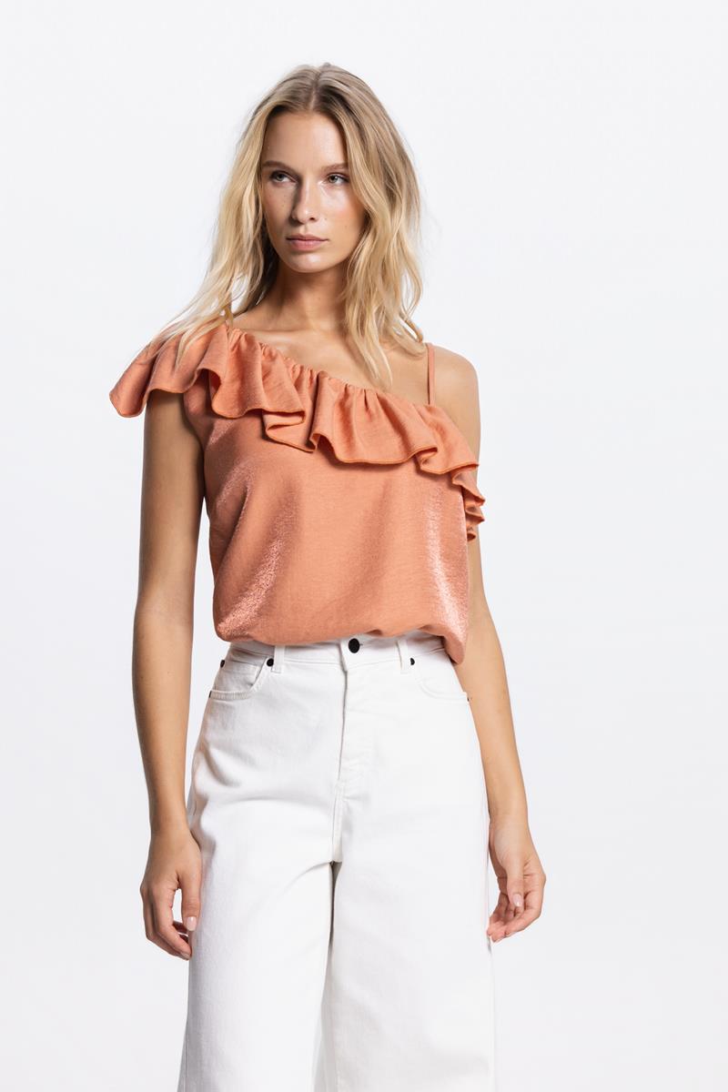 VIE ONE SHOULDER TOP IN DONKER PERZIK