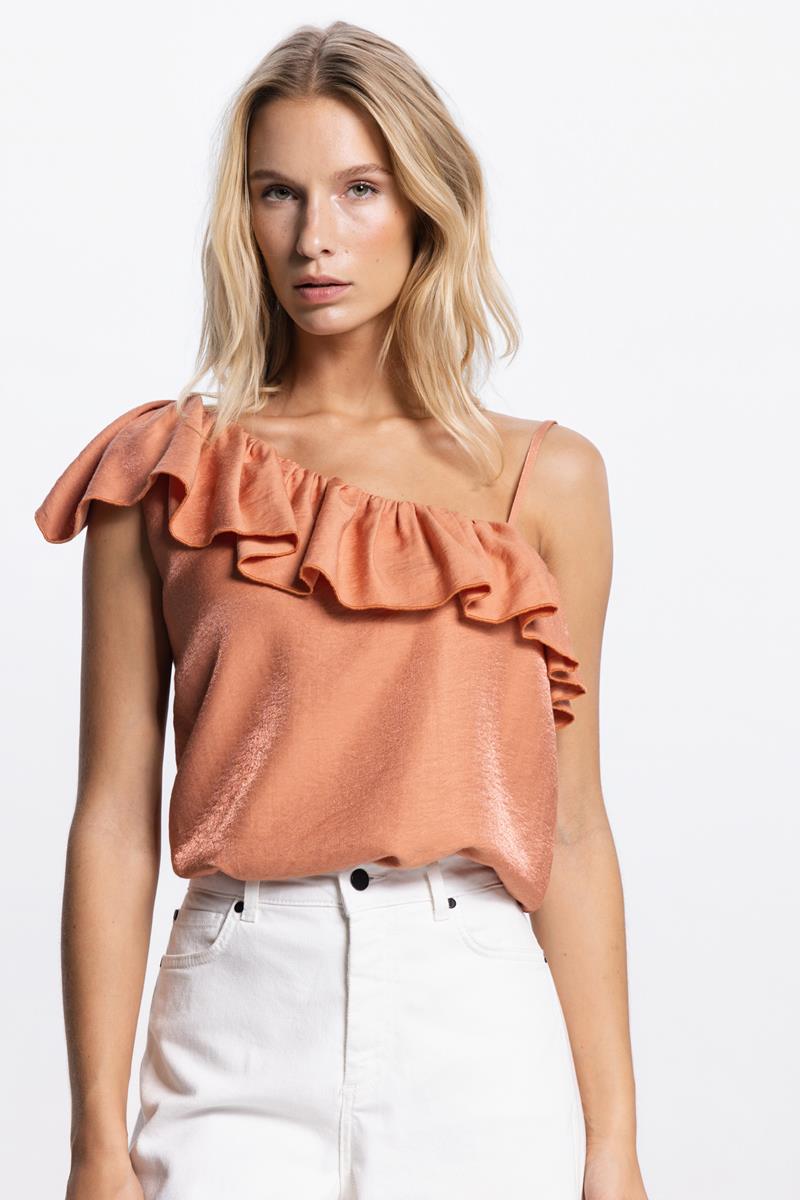 VIE ONE SHOULDER TOP IN DONKER PERZIK