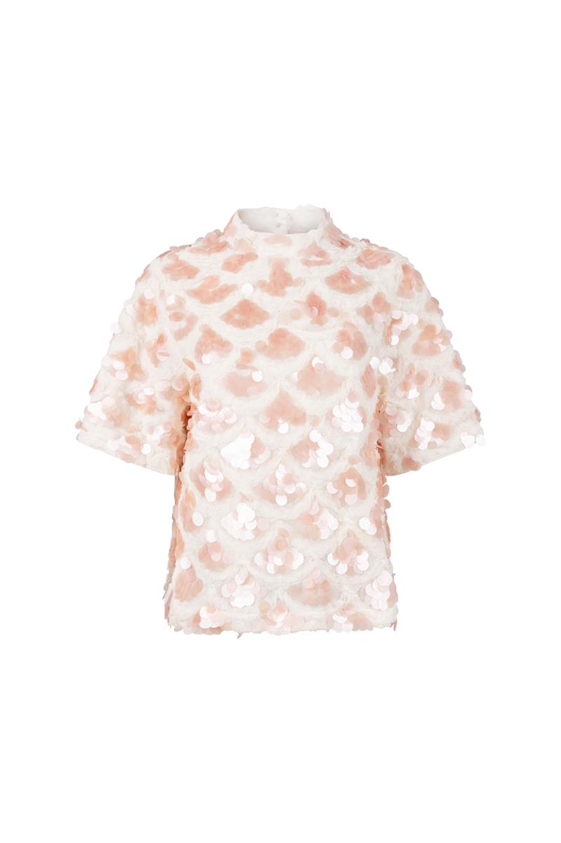 RIAN PAILLETTEN TOP IN WIT & PERZIK