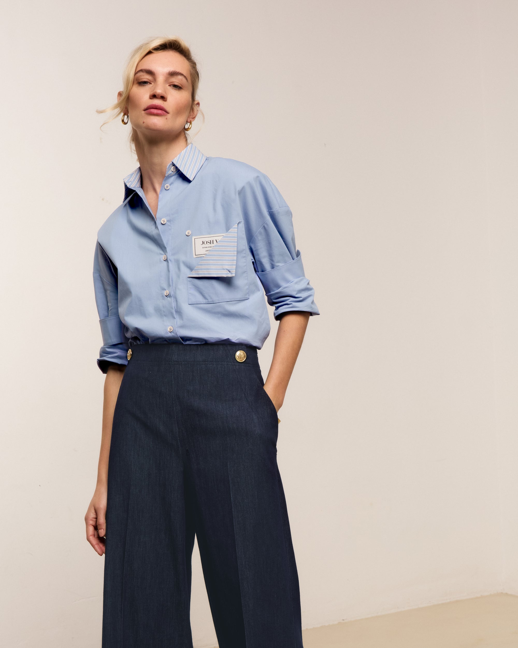 JV-INDRA high waisted wide leg pantalon - dark blue chambray