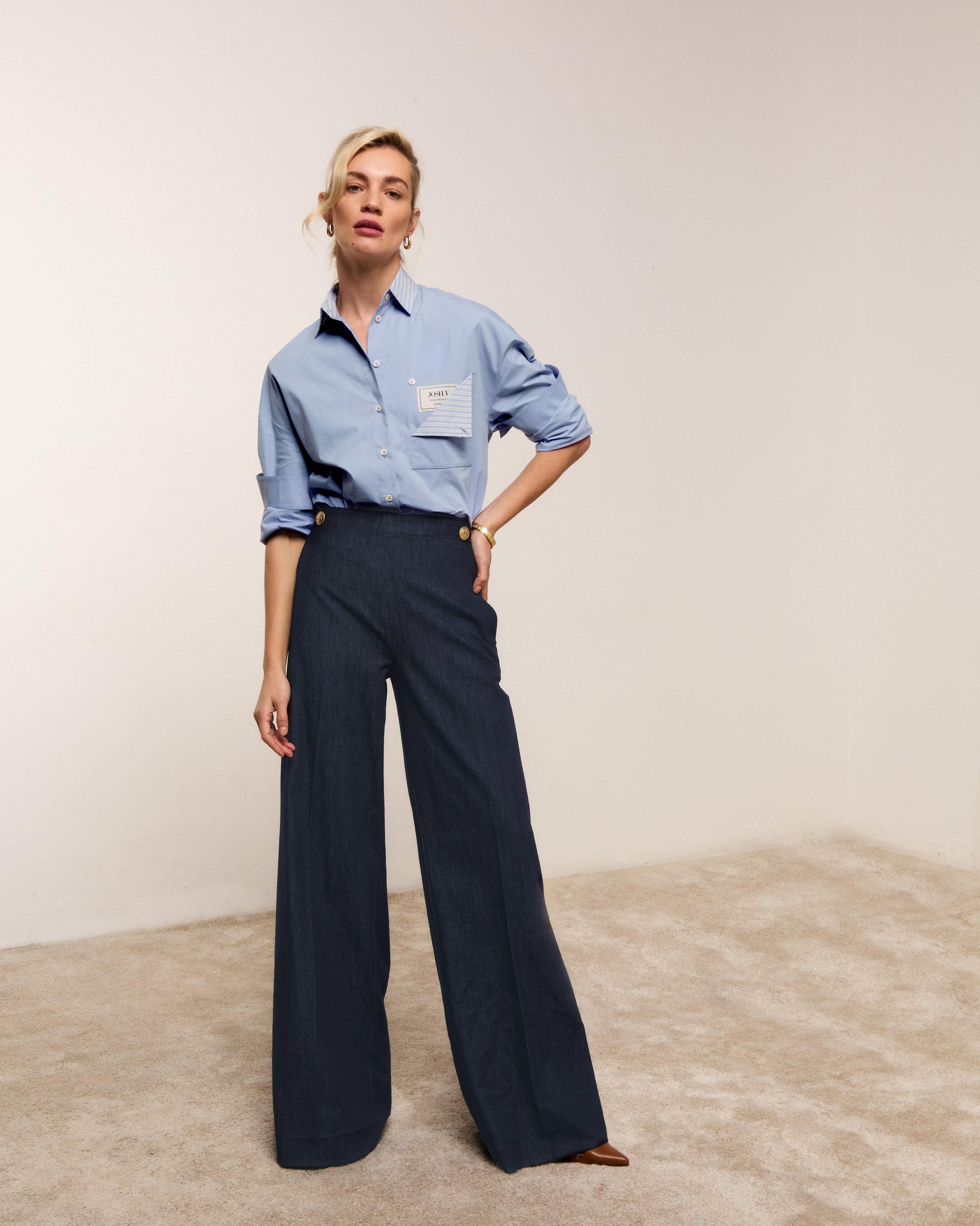 JV-INDRA high waisted wide leg pantalon - dark blue chambray