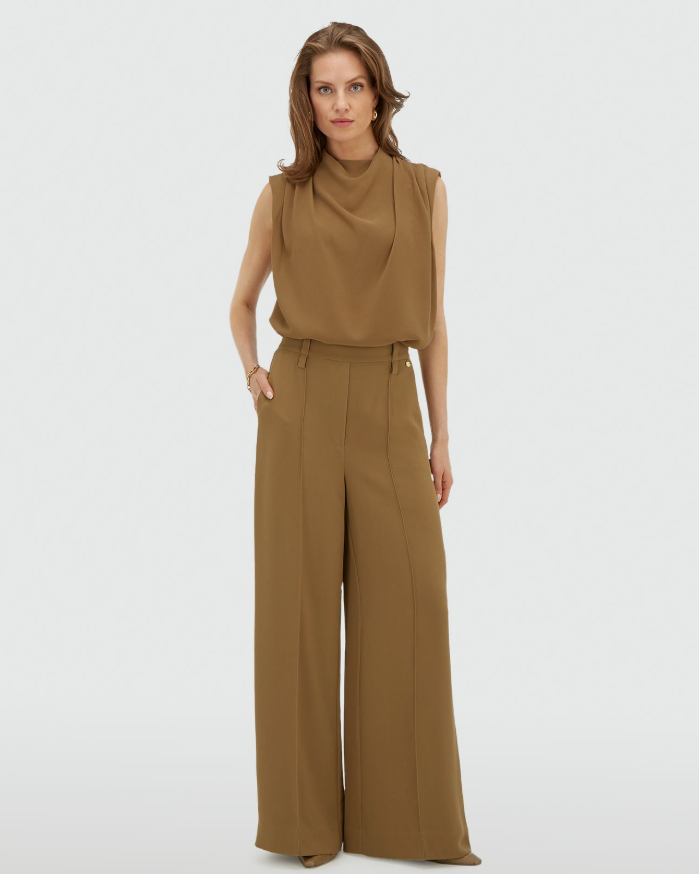 ESSA - High Waisted Wide Leg Pantalon - Khaki