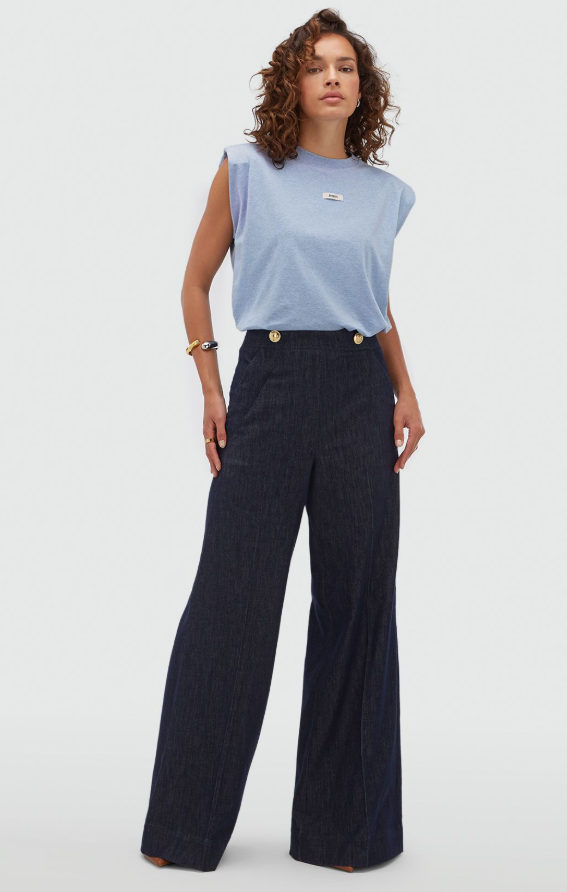 JV-INDRA high waisted wide leg pantalon - dark blue chambray
