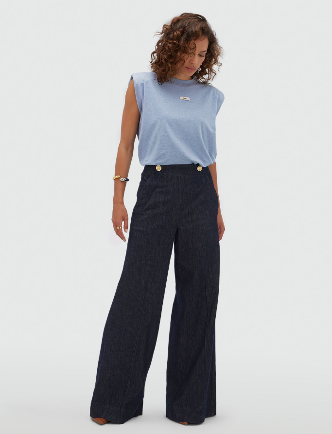 JV-INDRA high waisted wide leg pantalon - dark blue chambray