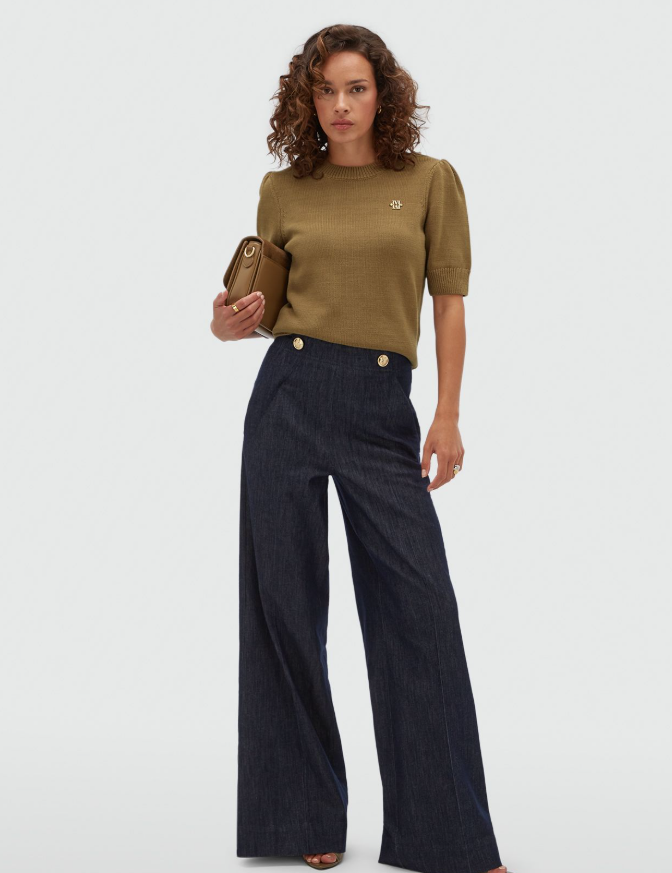 JV-INDRA high waisted wide leg pantalon - dark blue chambray