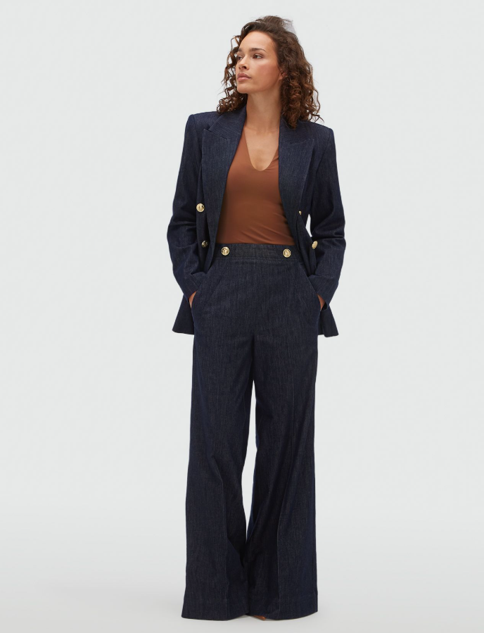 JV-INDRA high waisted wide leg pantalon - dark blue chambray