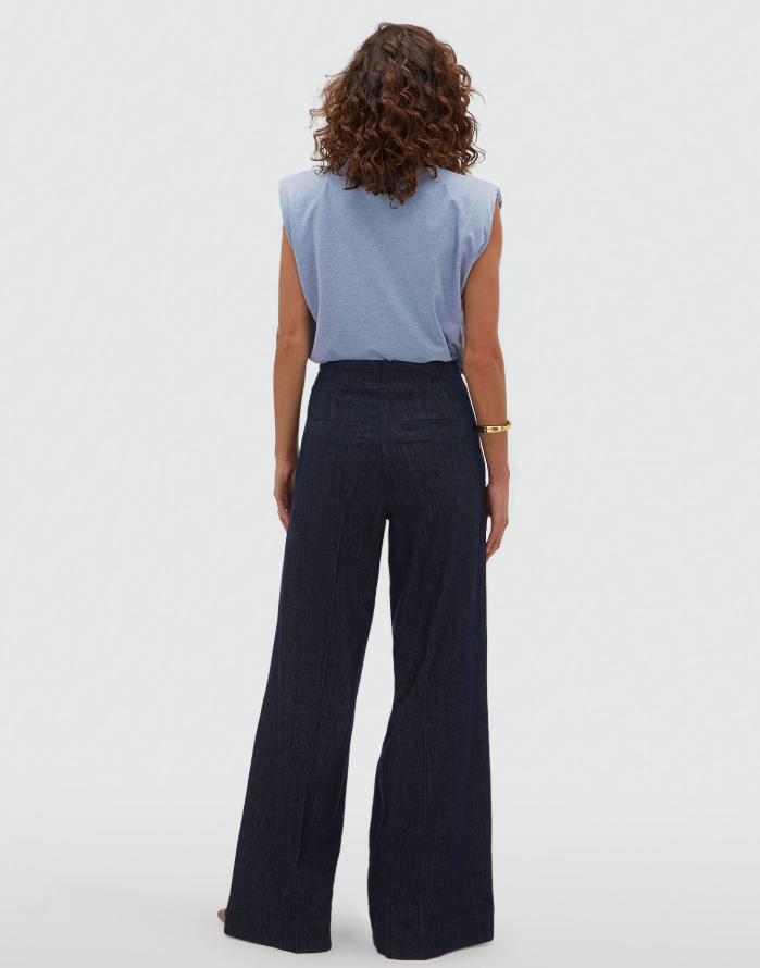 JV-INDRA high waisted wide leg pantalon - dark blue chambray