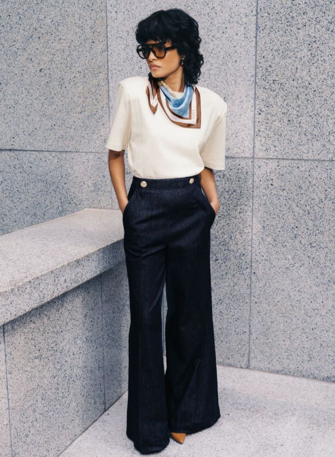 JV-INDRA high waisted wide leg pantalon - dark blue chambray