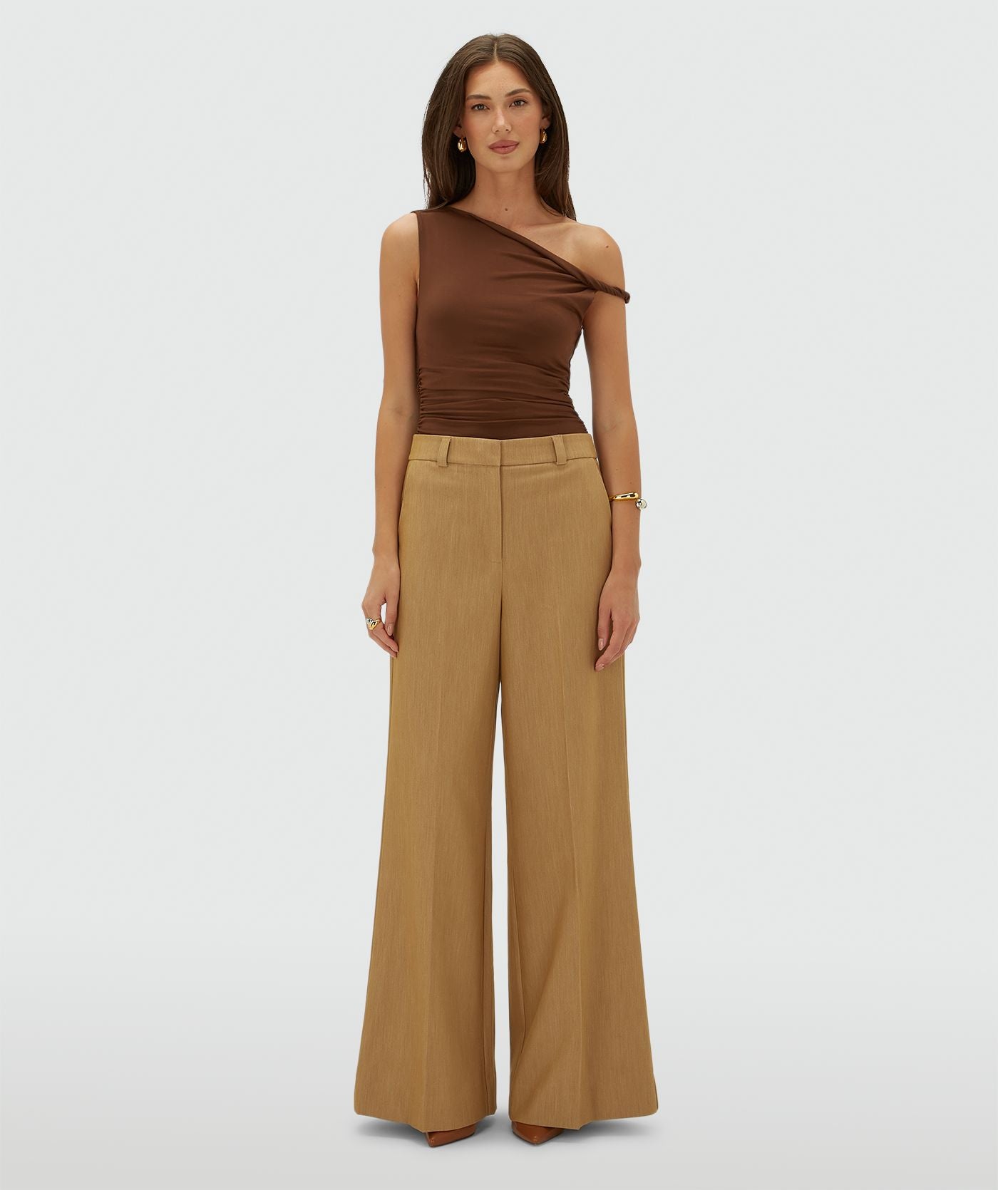 Callie High Rise Wide Leg Pantalon - Light Camel Melange