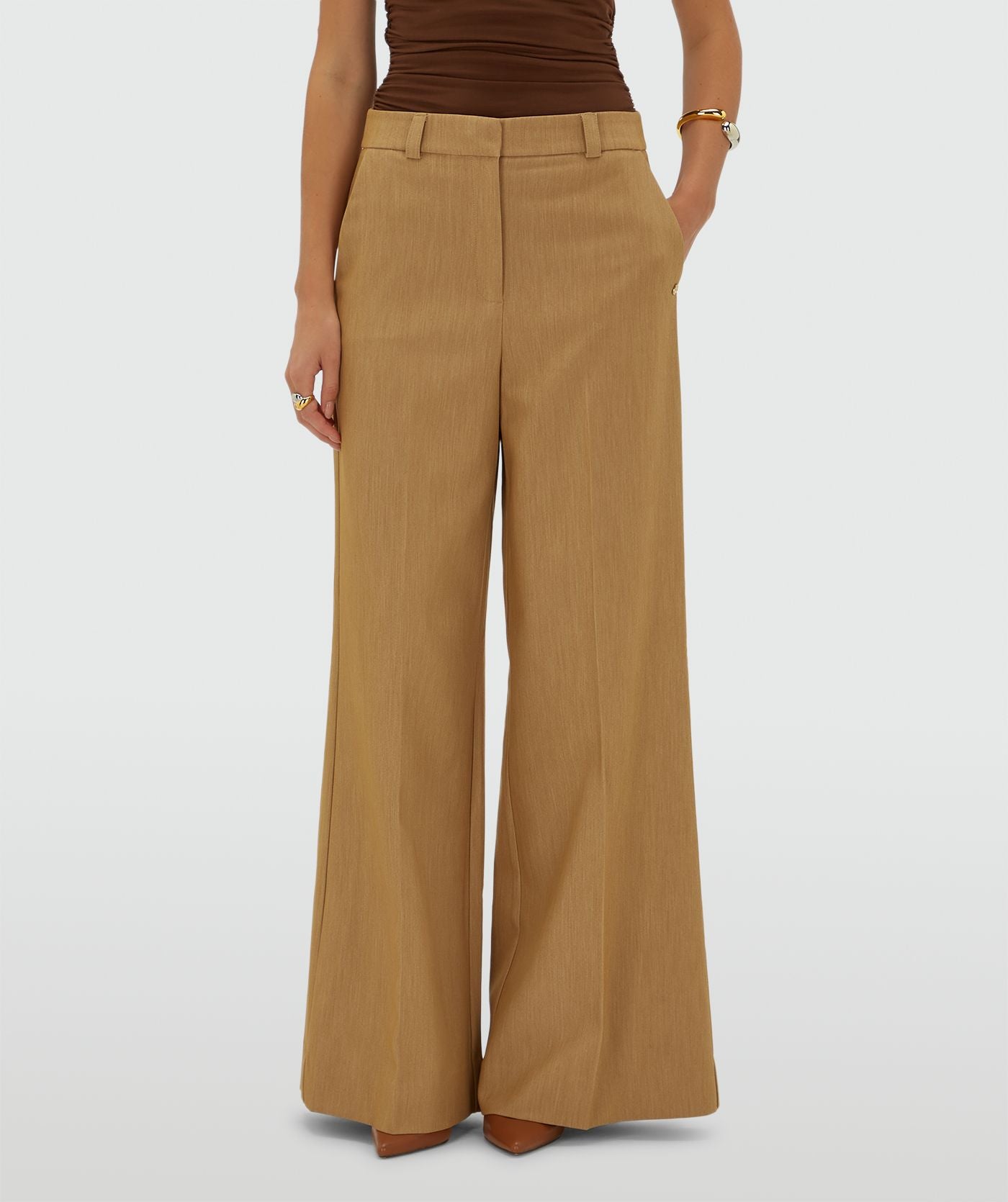 Callie High Rise Wide Leg Pantalon - Light Camel Melange