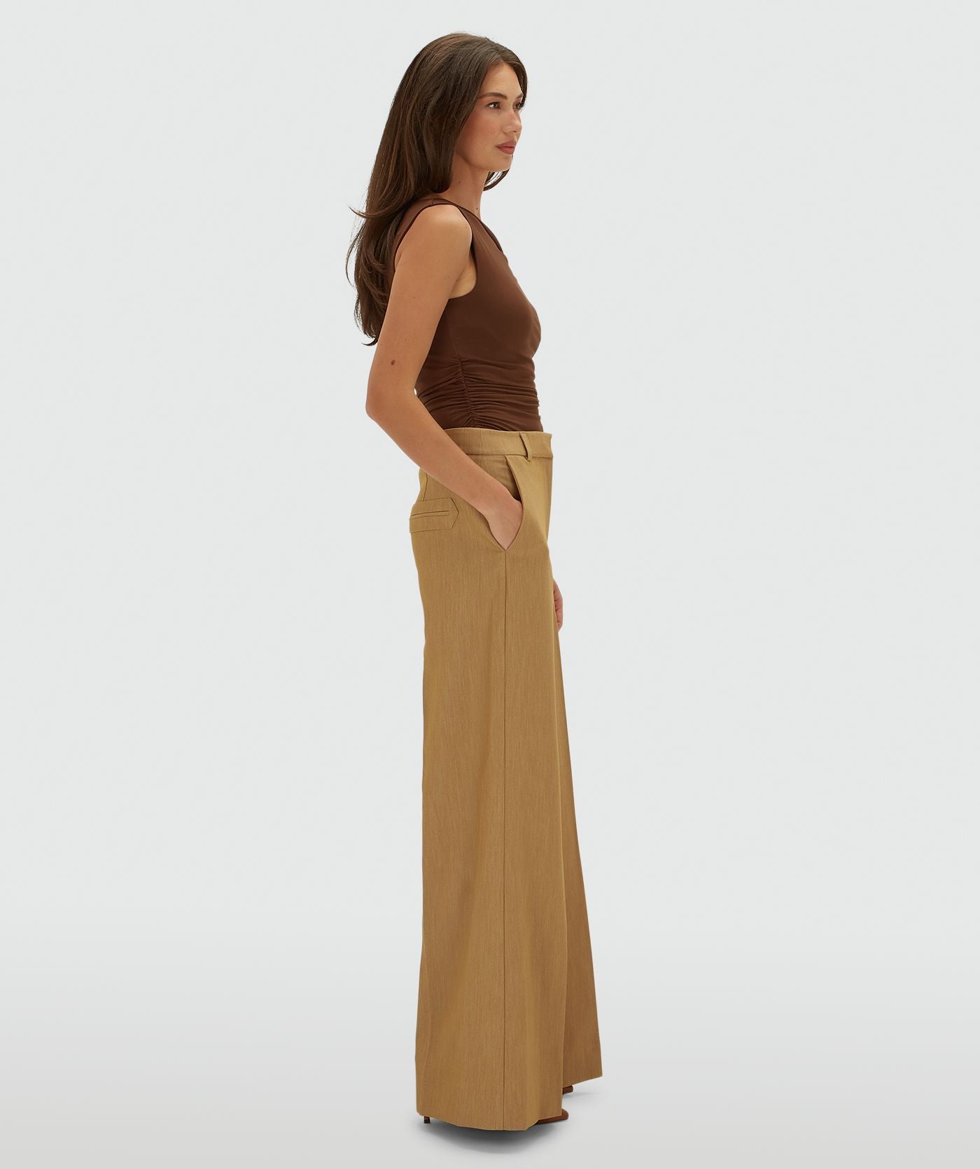 Callie High Rise Wide Leg Pantalon - Light Camel Melange