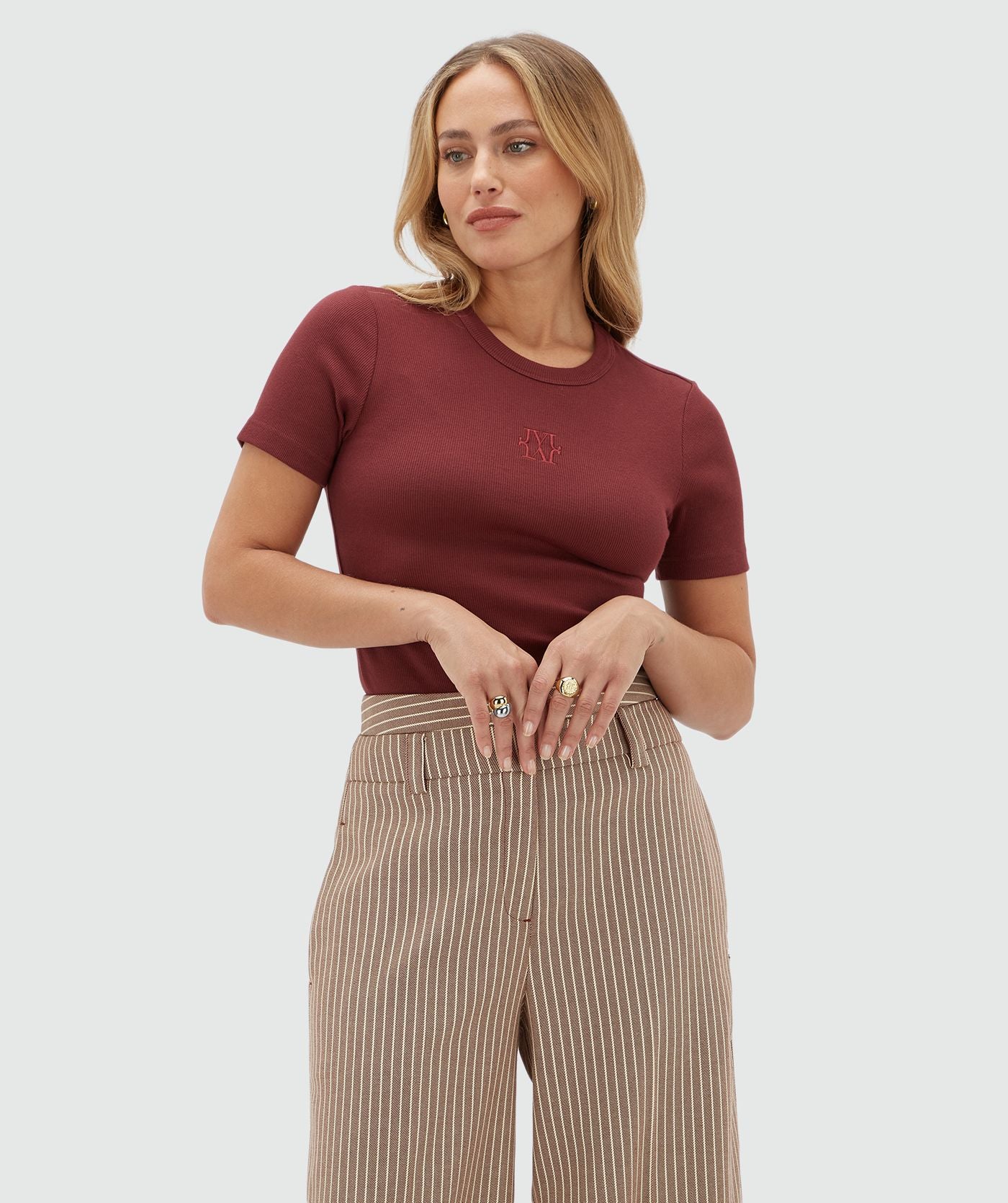 JV-CODY Slim Fit T-shirt met Logo - Burgundy