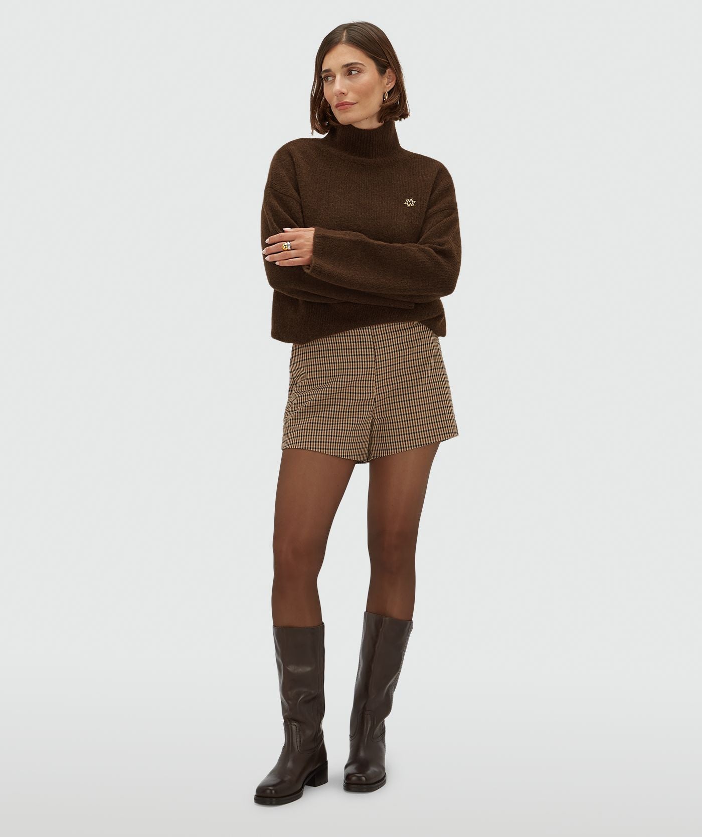 JV-DAMY fitted shorts met check print - brown check
