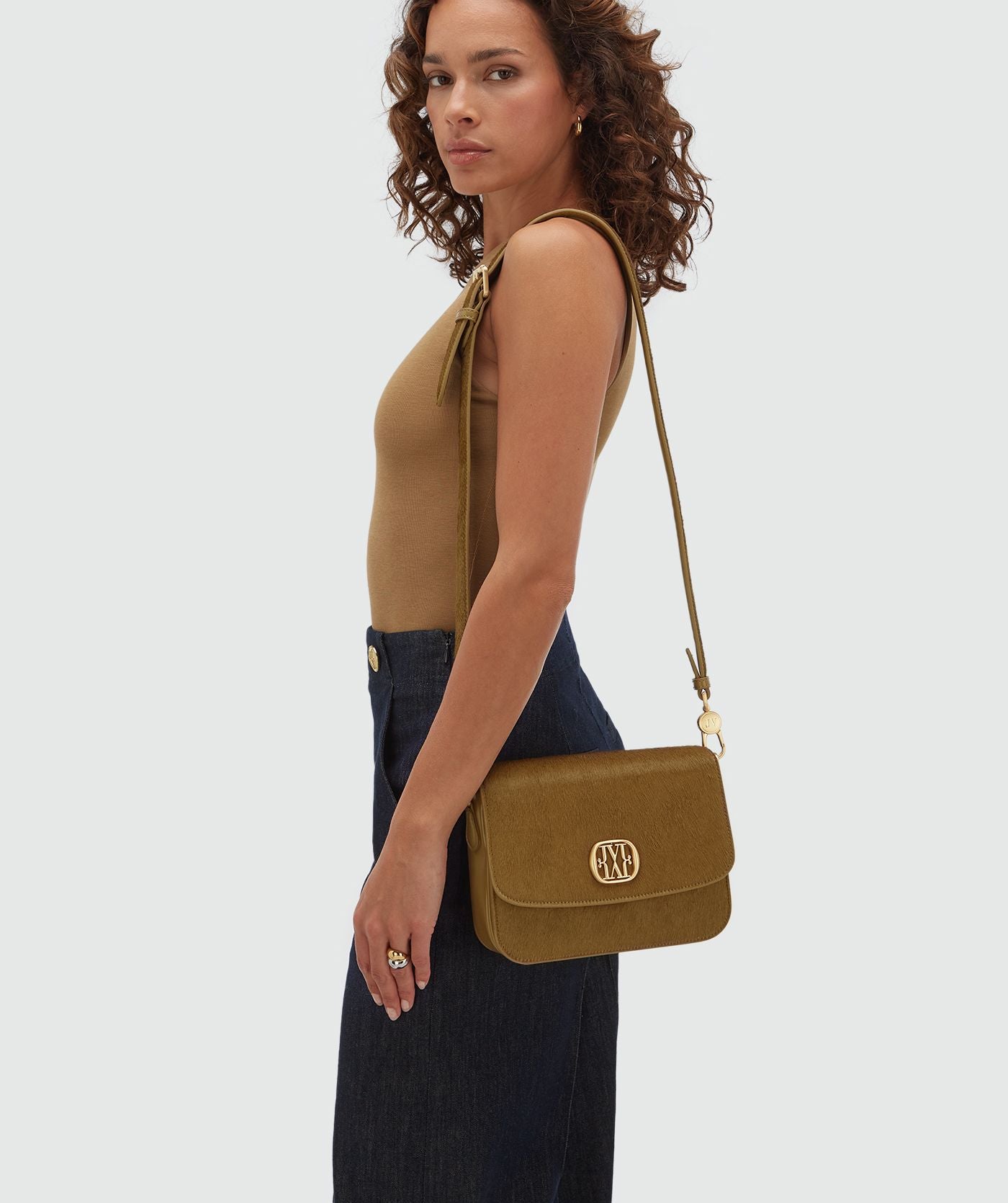 JV-IMAHNI Tas met Ponyhair - Khaki Melange