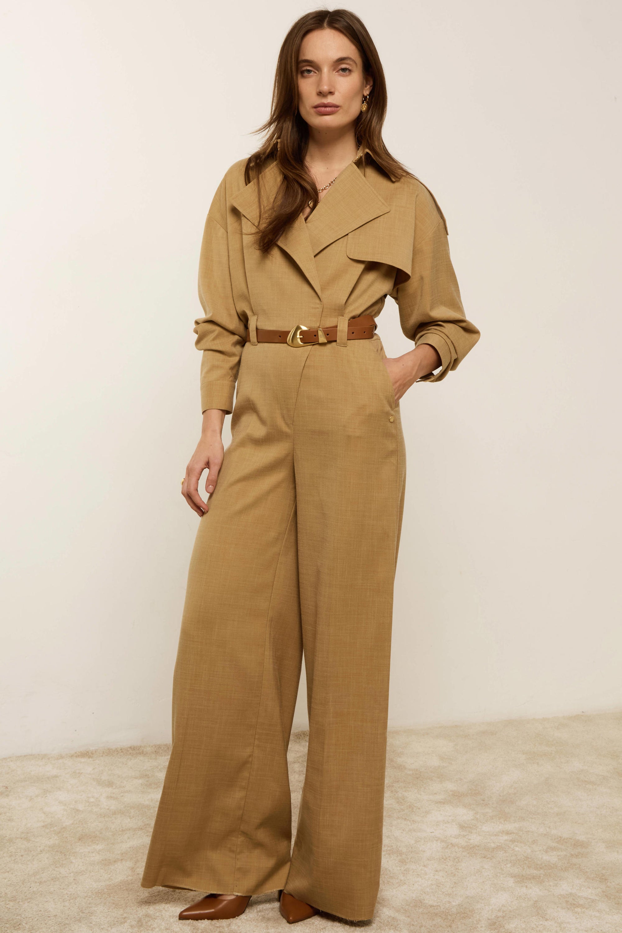 JV-TONE wide leg jumpsuit - light camel melange