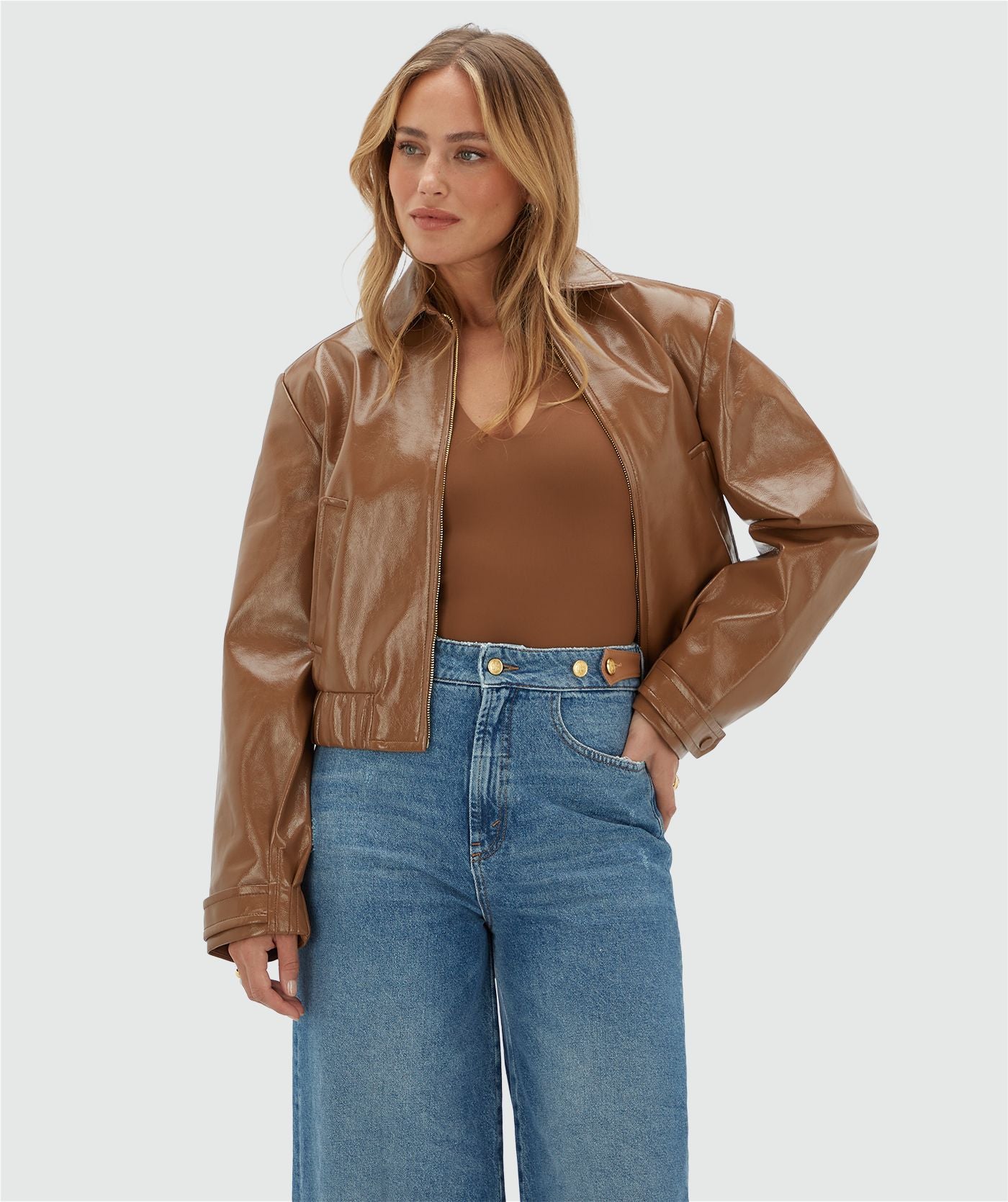 JV-PEADEN Bomber Jacket in Laklook - Cognac