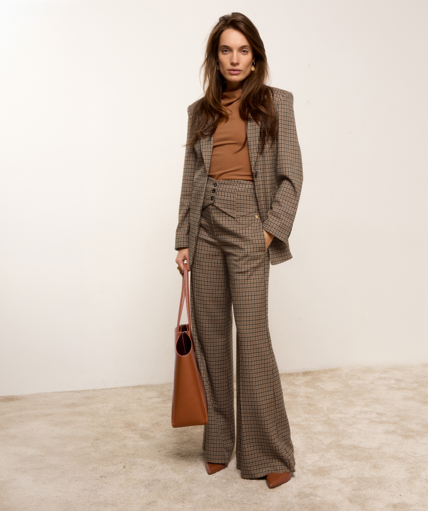 JV-PETRA high waisted wide leg pantalon - brown check
