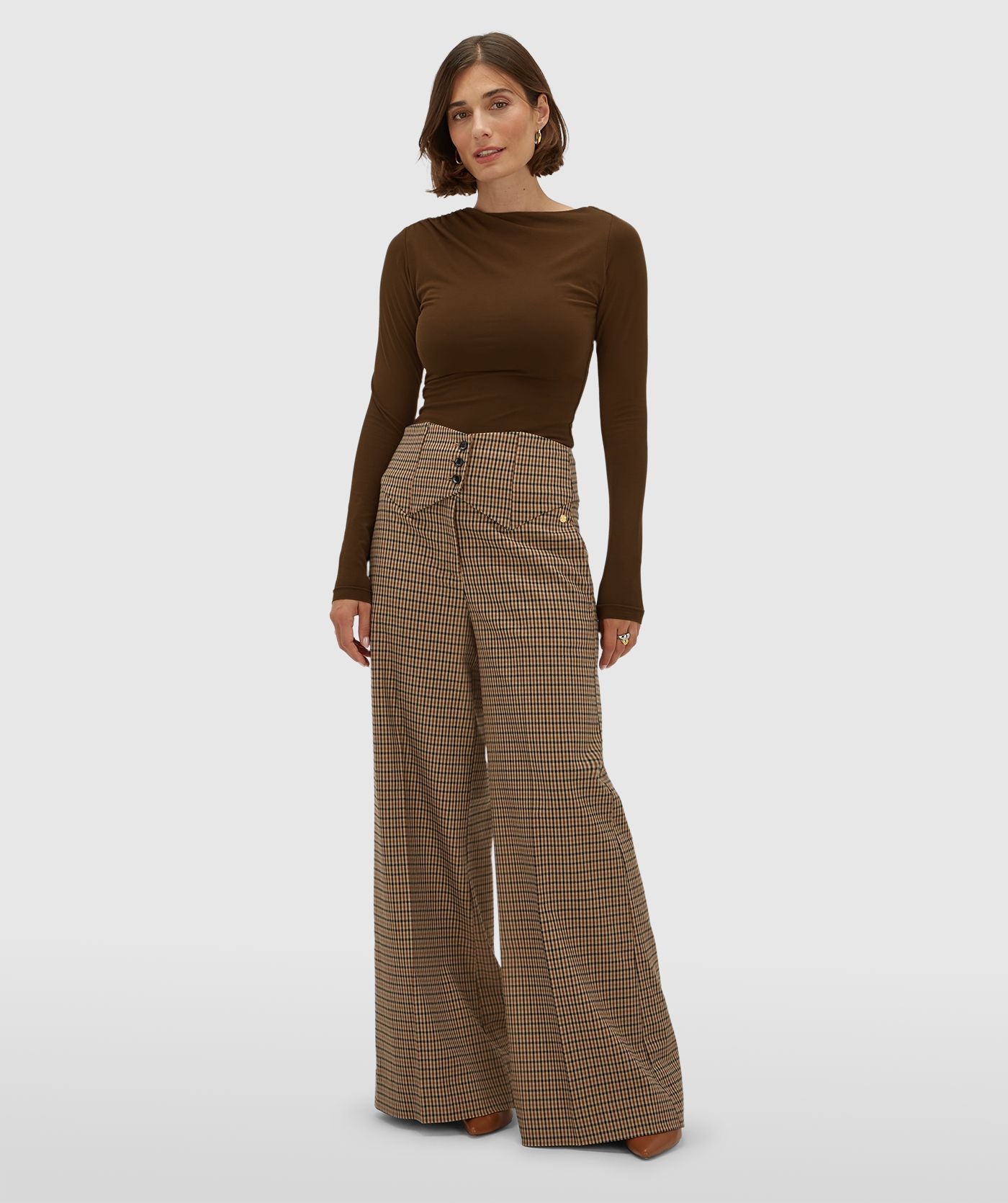 JV-PETRA high waisted wide leg pantalon - brown check
