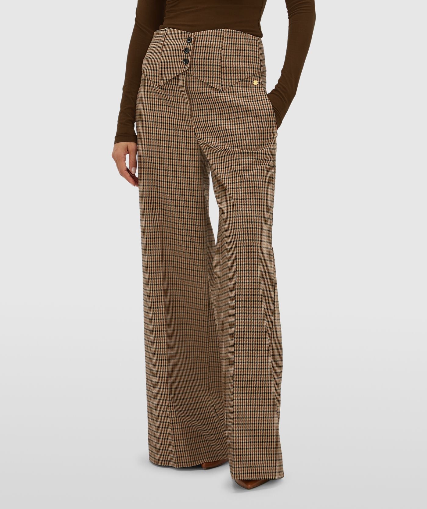 JV-PETRA high waisted wide leg pantalon - brown check