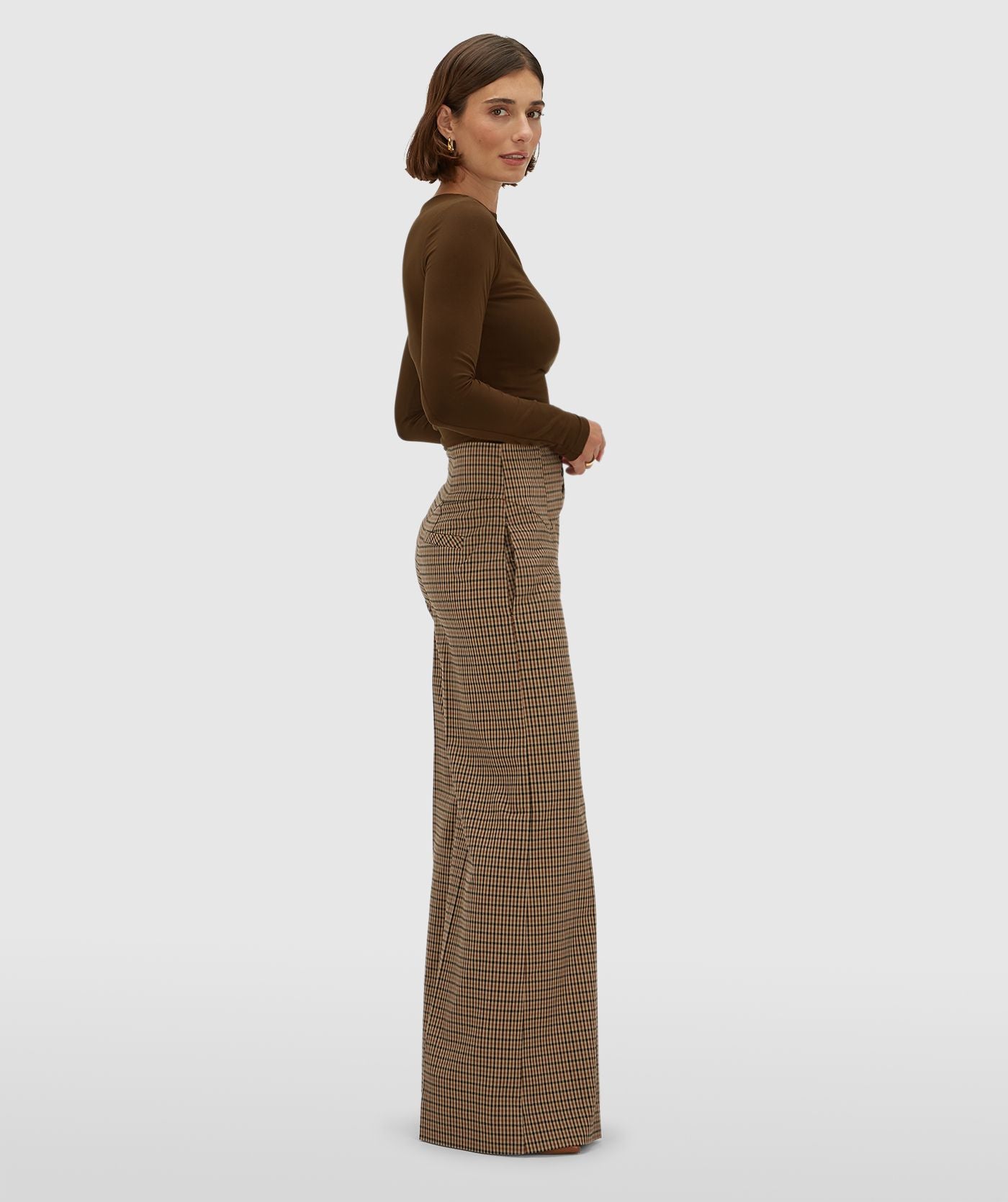 JV-PETRA high waisted wide leg pantalon - brown check