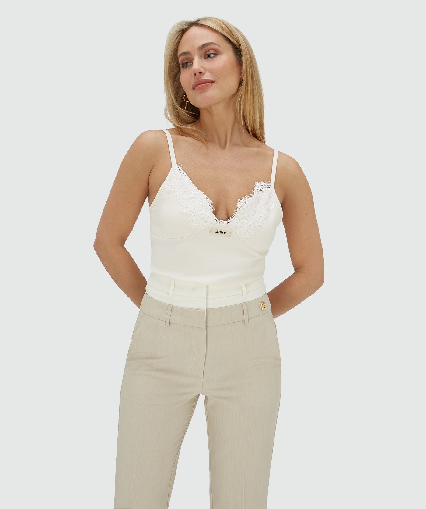 RIVER slim fit top met kant - creme white
