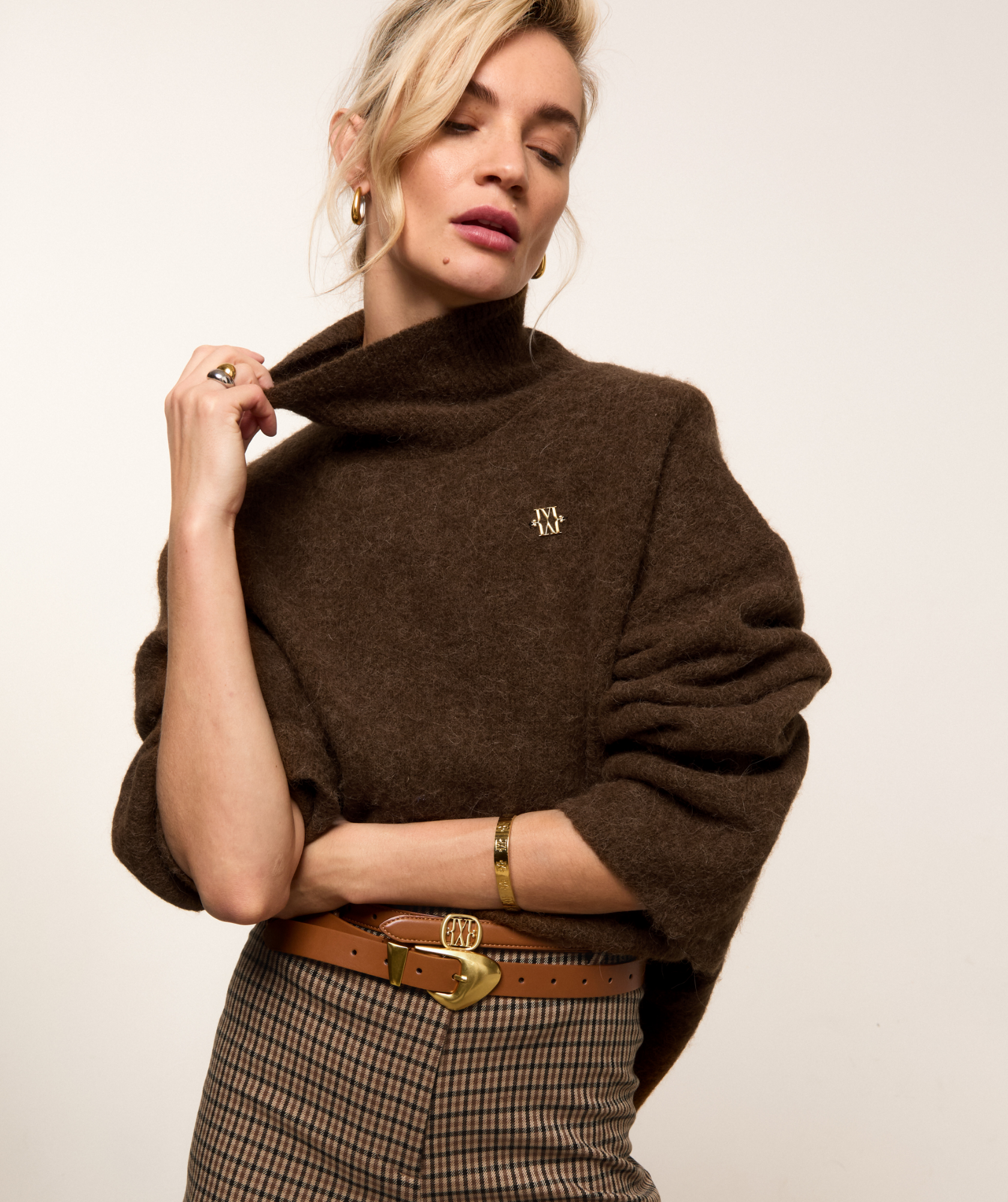 JV-ROELIEN oversized coltrui met wol - dark brown melange