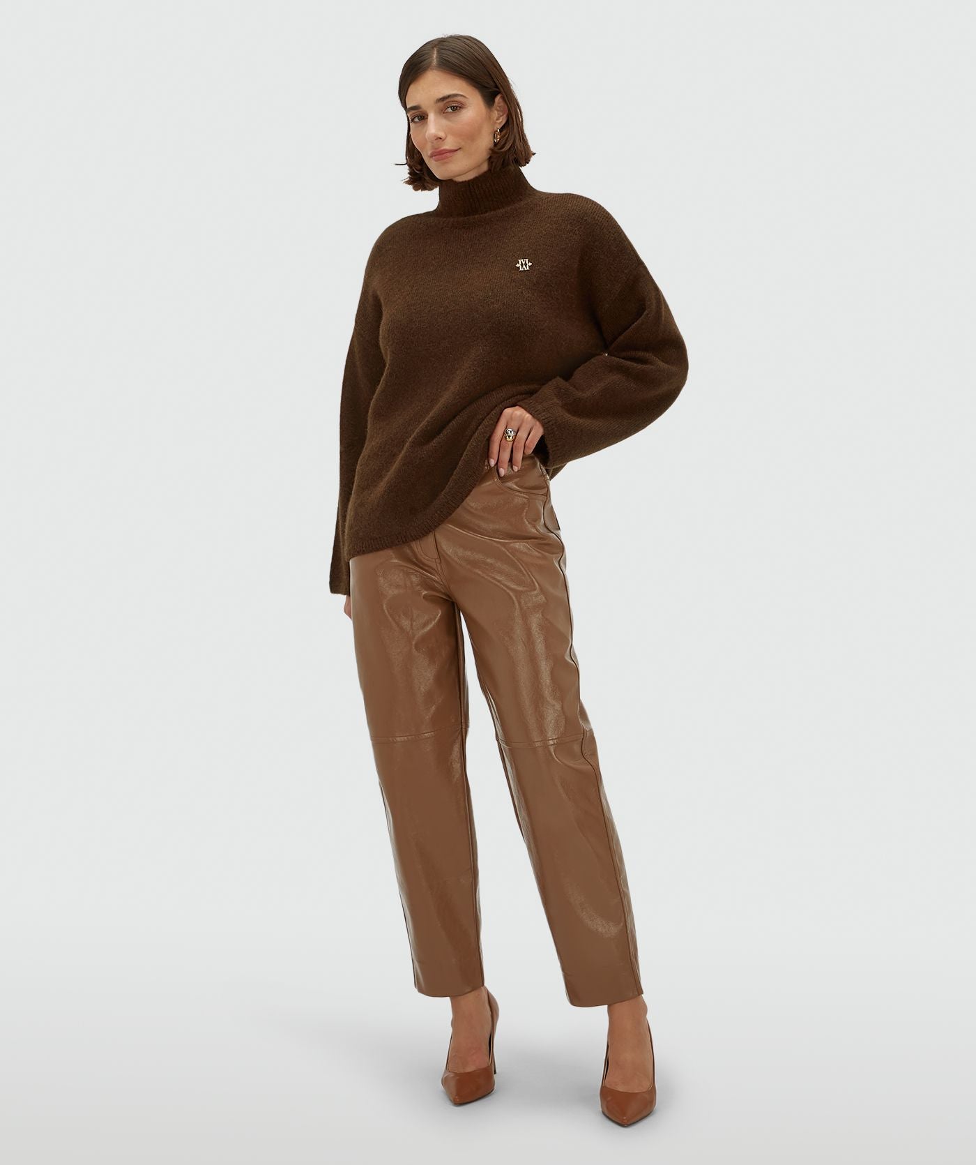 JV-ROELIEN oversized coltrui met wol - dark brown melange