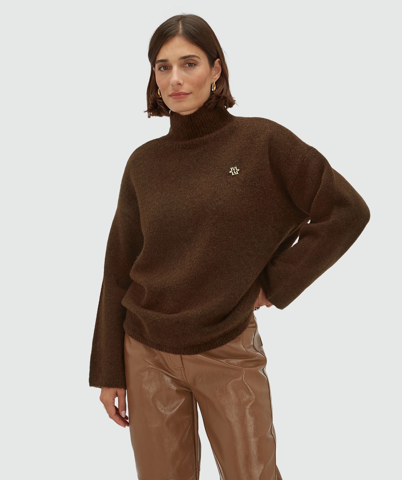 JV-ROELIEN oversized coltrui met wol - dark brown melange