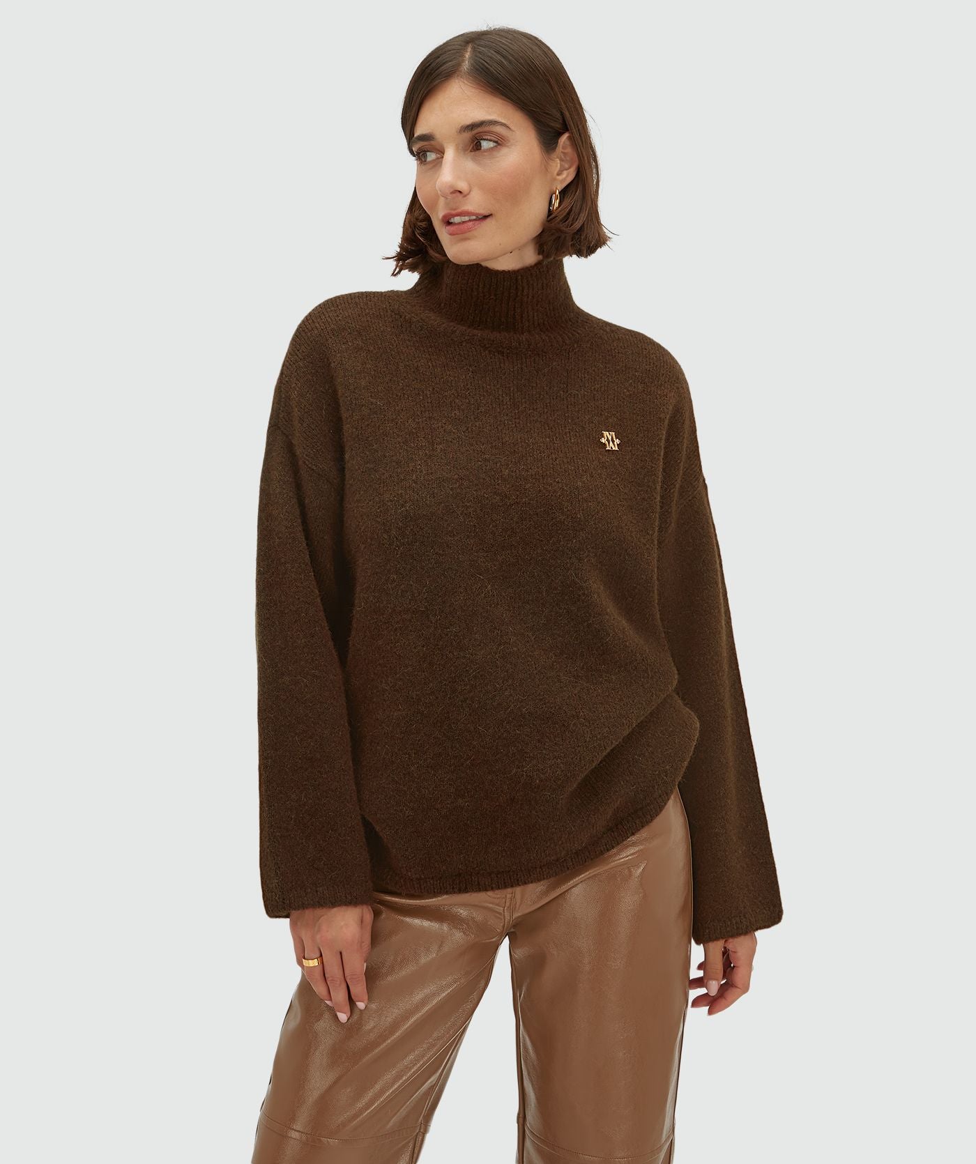 JV-ROELIEN oversized coltrui met wol - dark brown melange