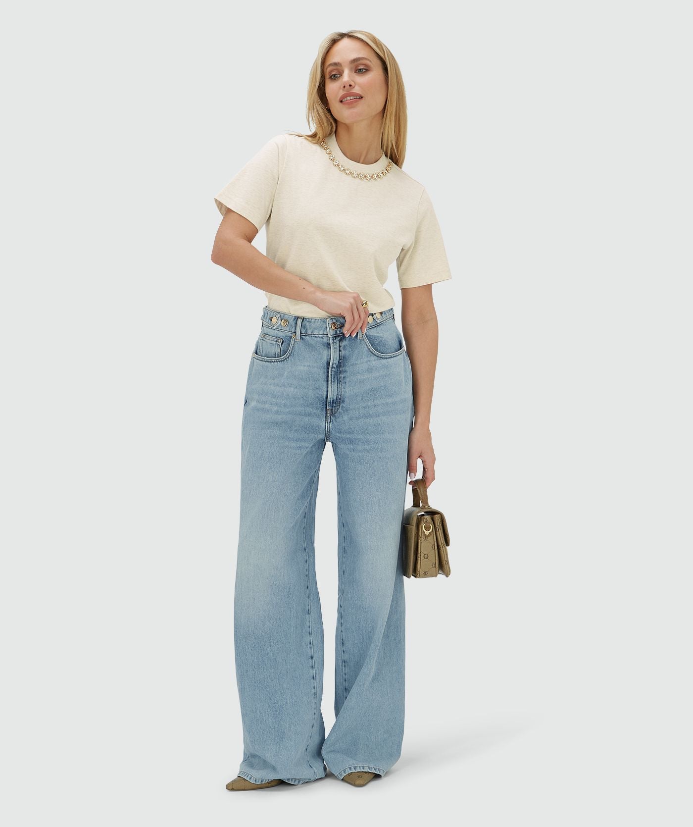 ROSINA regular fit T-shirt met strass - ecru melange