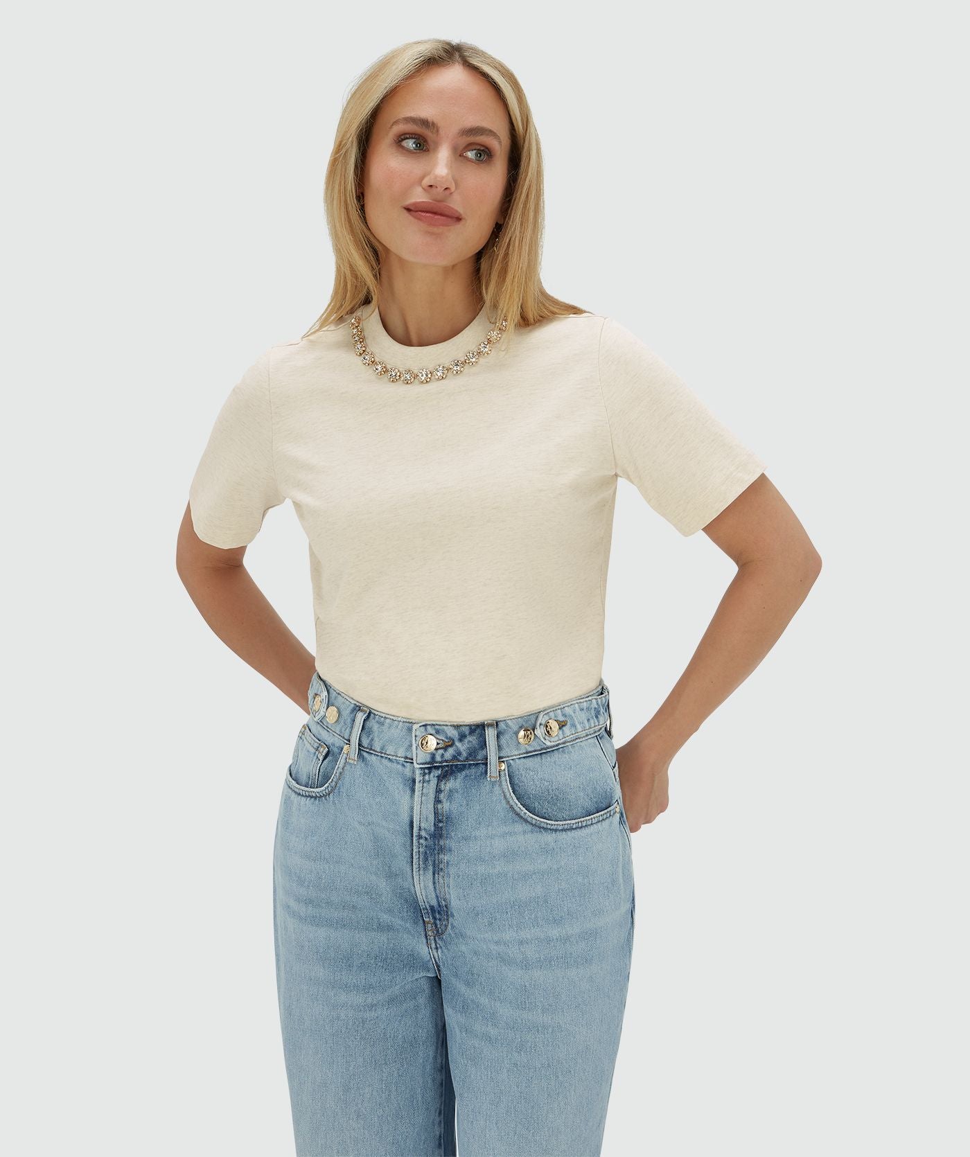 ROSINA regular fit T-shirt met strass - ecru melange